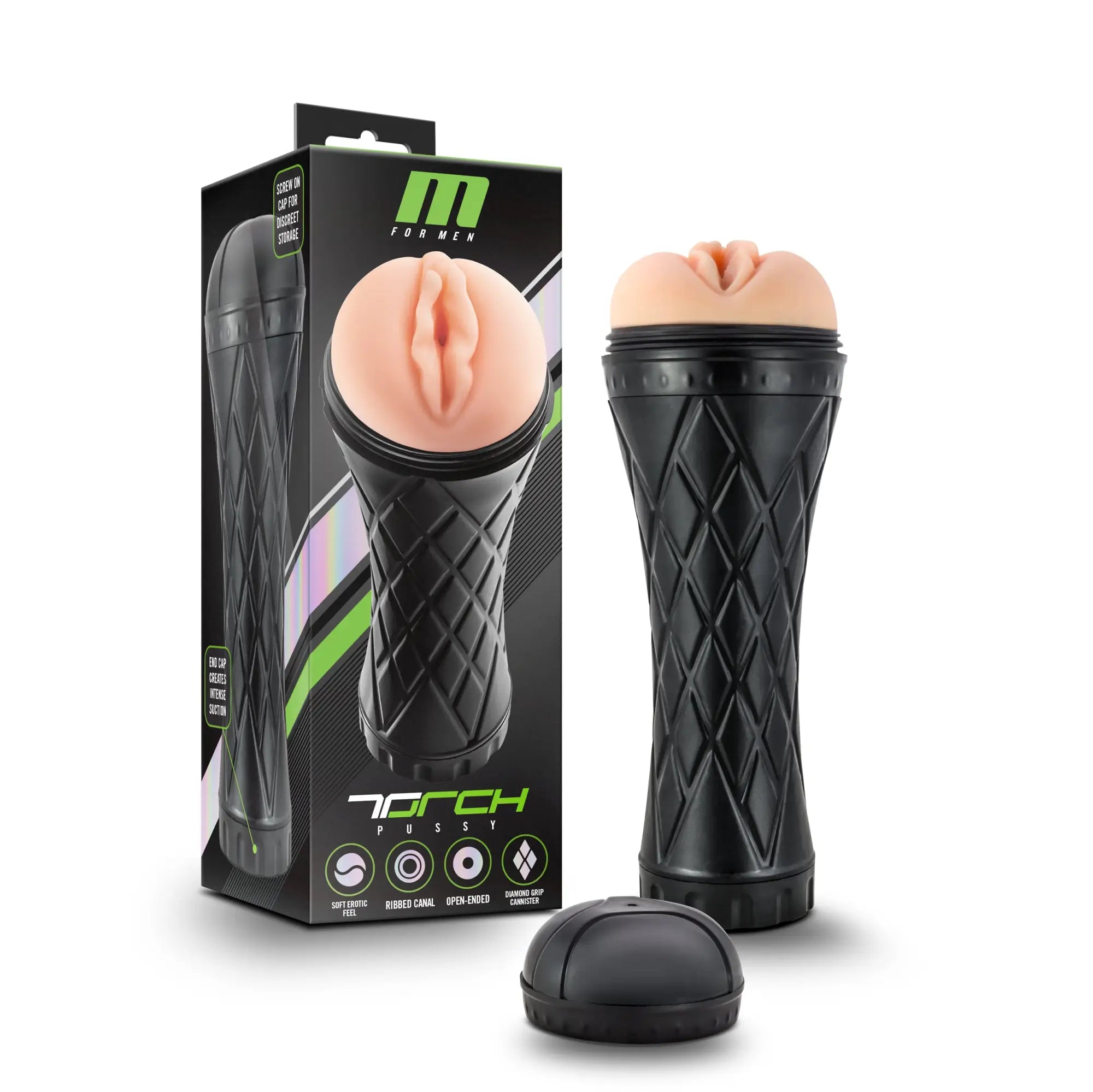 Black diamond-patterned torch pussycat with peach silicone head and removable cap from M for Men The Torch Pussy Vanilla