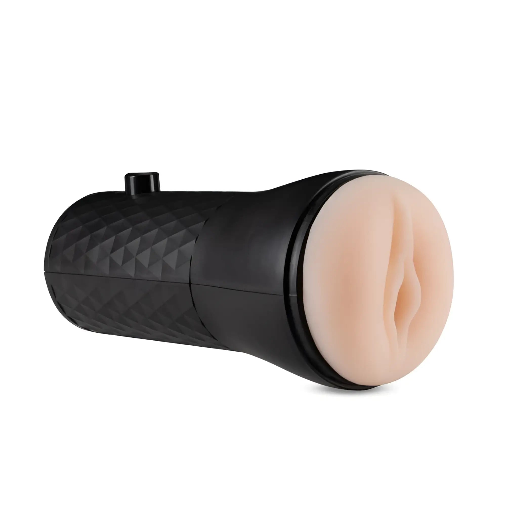 Black textured body with beige silicone head and diamond-patterned grip featuring a small black button on top for men torch thrill vanilla