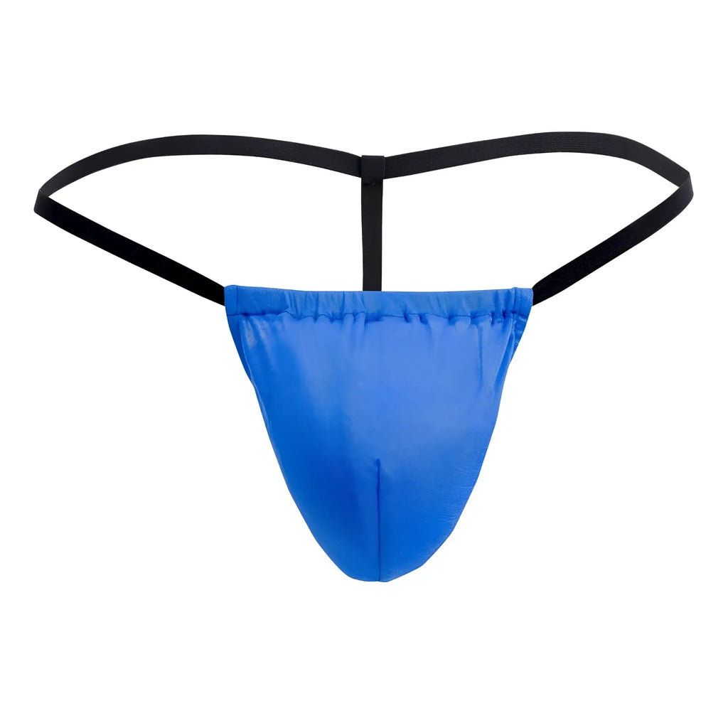 Magic silk 2706 silk g-string in cobalt blue satin with black elastic straps showing front view