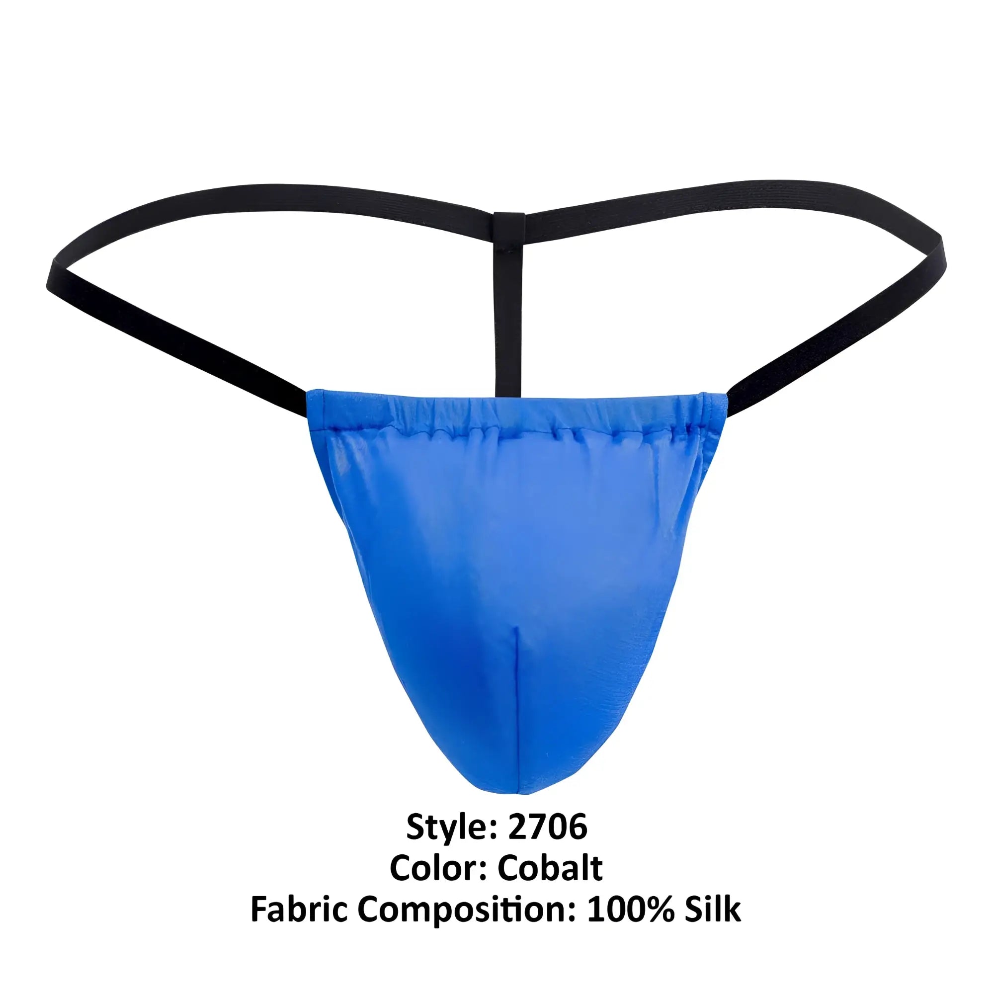 Cobalt blue silk thong with black elastic straps from magic silk 2706 silk g-string shown from the back side