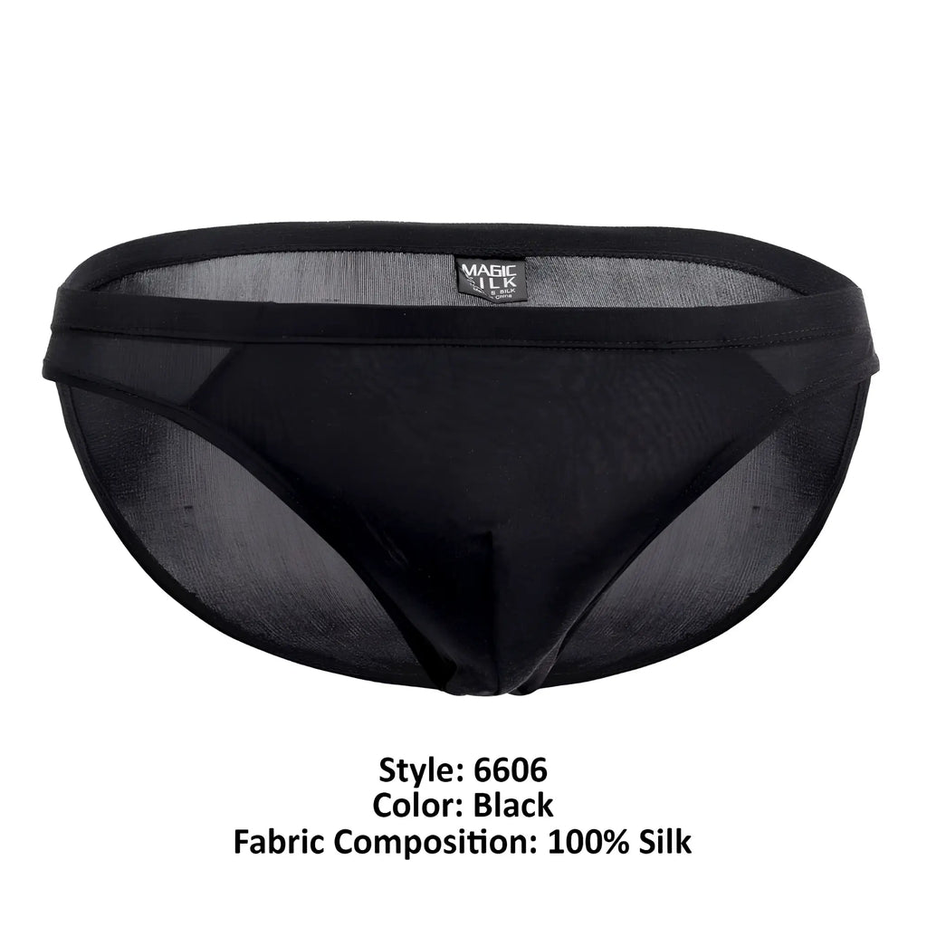 Black magic silk 6606 silk briefs with sheer mesh panel and branded waistband showing front side