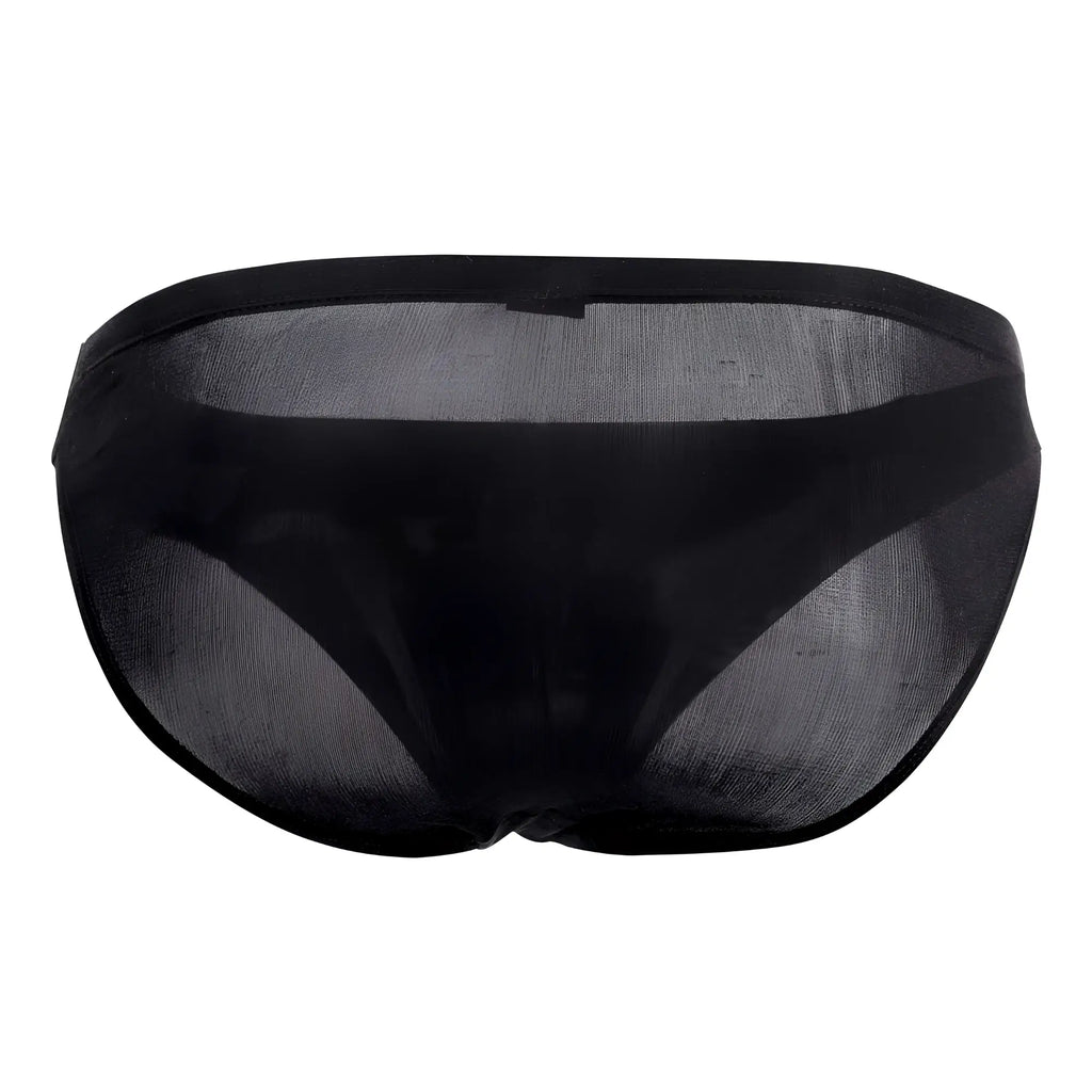 Black sheer mesh magic silk 6606 briefs with solid black waistband in silk fabric shown from the front
