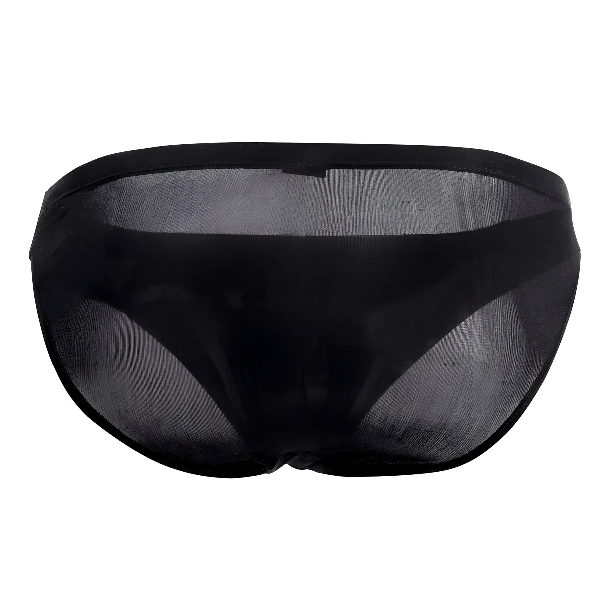 Black sheer mesh magic silk 6606 briefs with solid black waistband in silk fabric shown from the front
