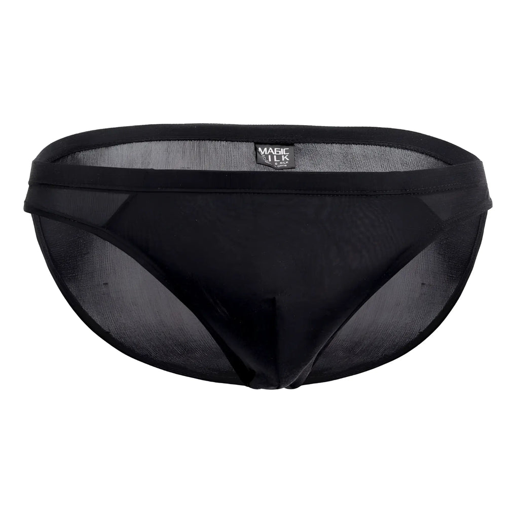 Black sheer mesh briefs with solid black waistband and magic silk brand label in magic silk 6606 silk briefs black