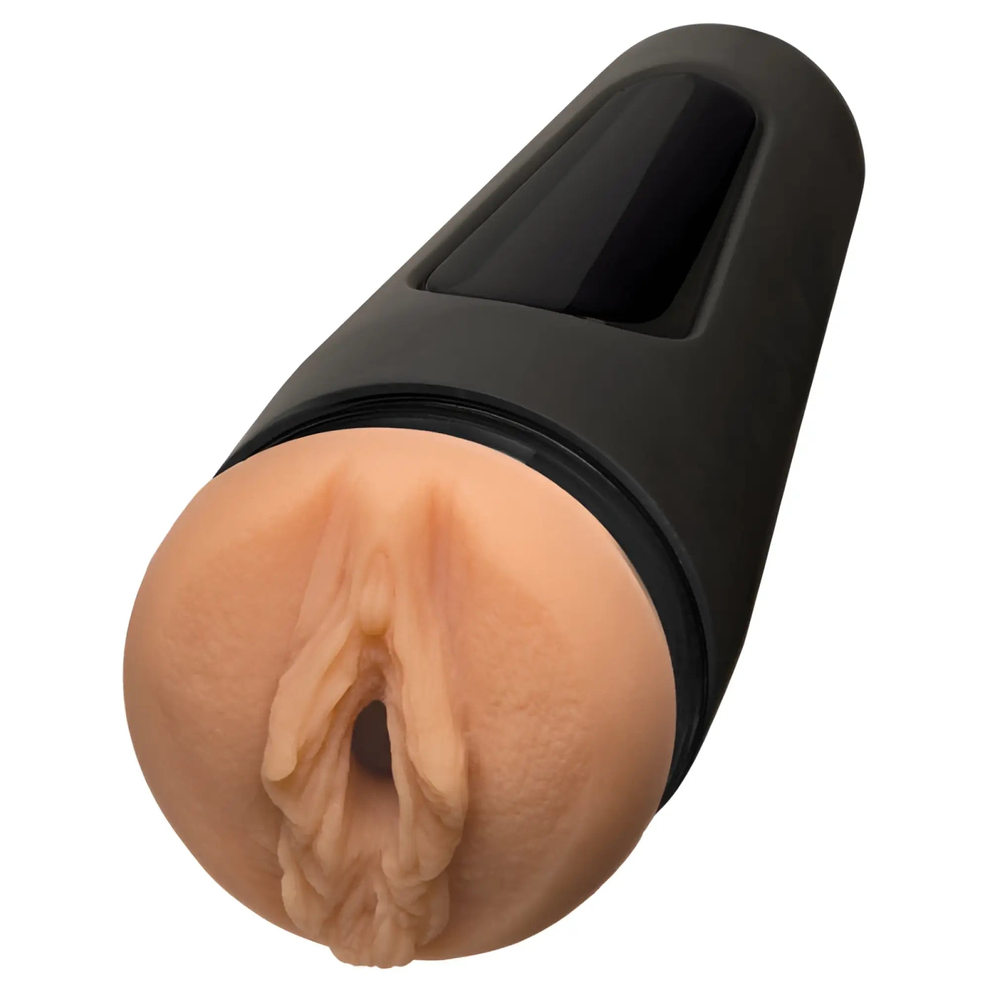 Main squeeze belladonna pussy black cylindrical adult toy with realistic peach silicone head and detailed anatomical contours