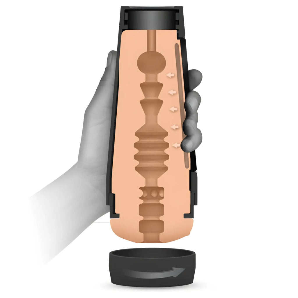 Main squeeze belladonna pussy black plastic cylindrical device with tan tiered ridged mechanism and movement arrows