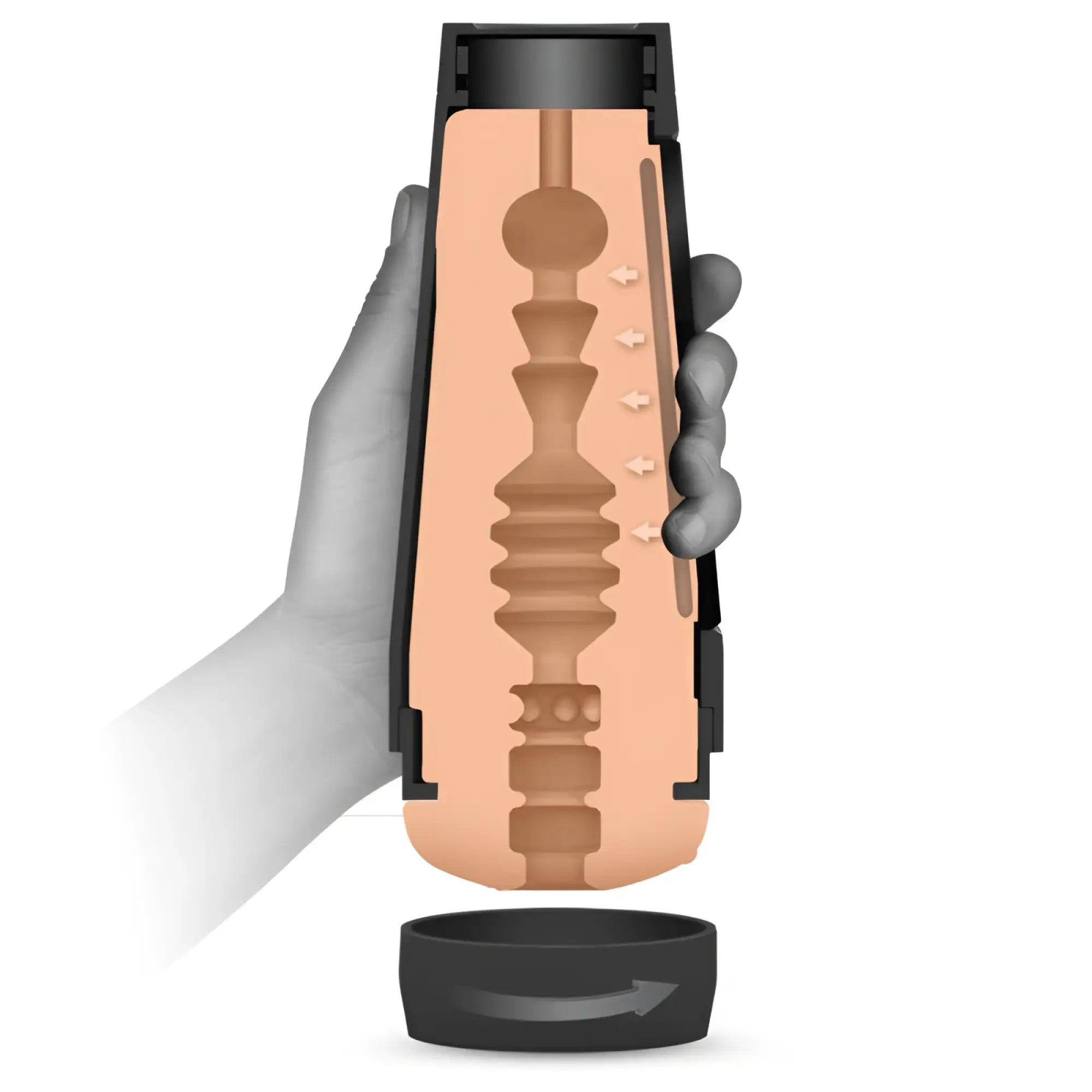 Main squeeze belladonna pussy black plastic cylindrical device with tan tiered ridged mechanism and movement arrows
