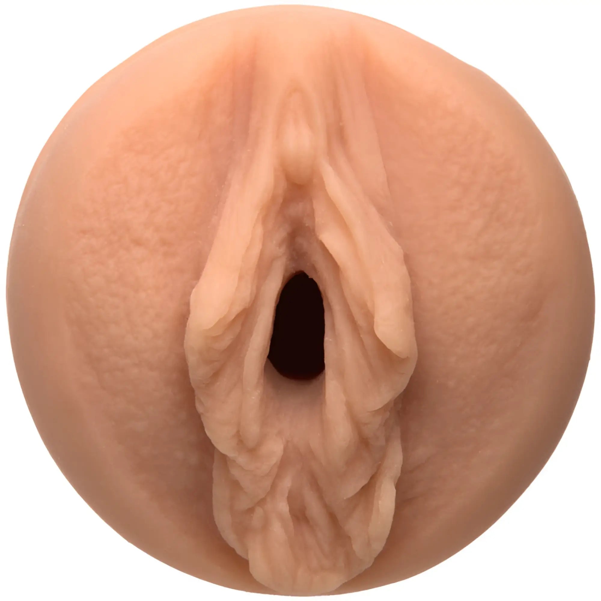 Peach-colored silicone anal plug main squeeze belladonna pussy with realistic textured surface and central opening