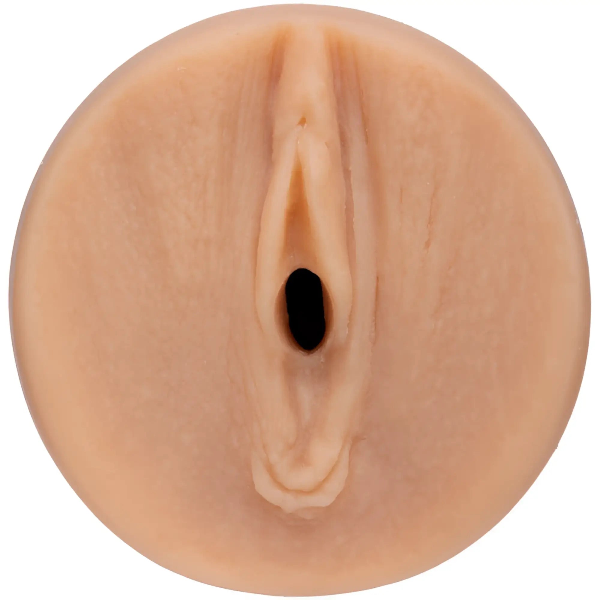 Beige silicone anal plug with central opening and textured surface main squeeze endurance trainer ultraskyn strokervanilla