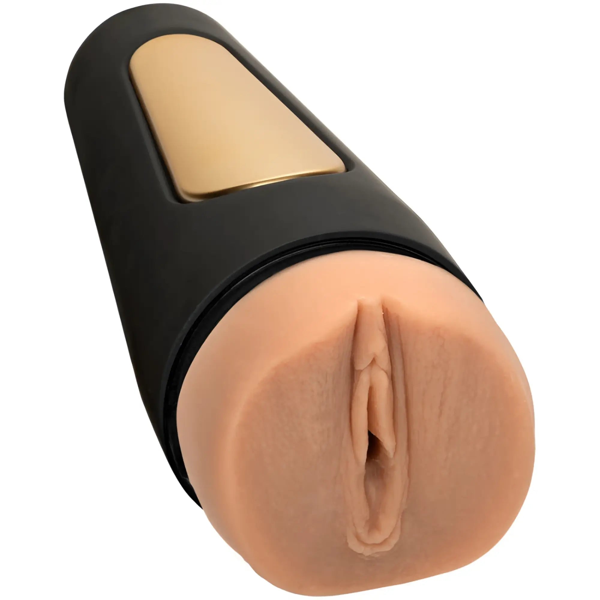 Black and gold silicone main squeeze endurance trainer ultraskyn stroker with realistic flesh-toned head vanilla