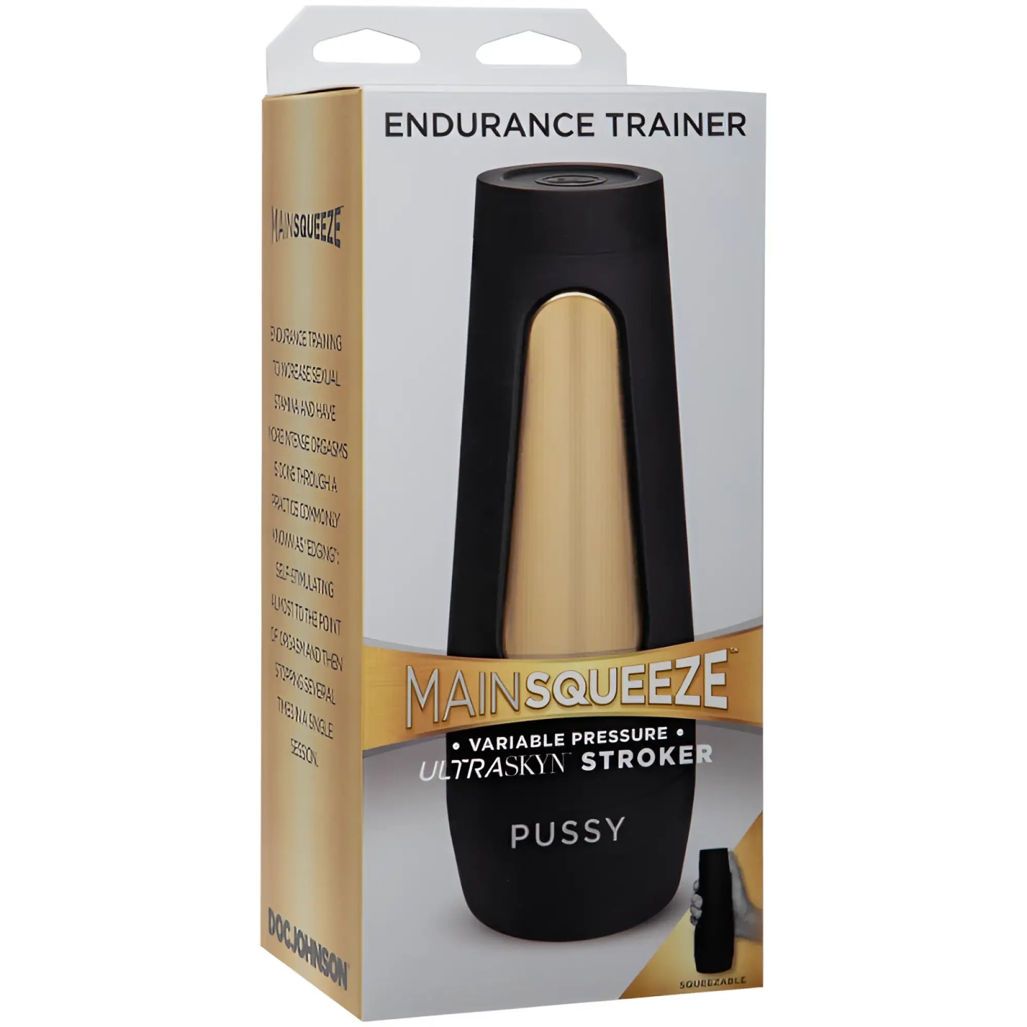 Main Squeeze endurance trainer ultraskyn stroker vanilla in black and gold silicone with sleek cylindrical design