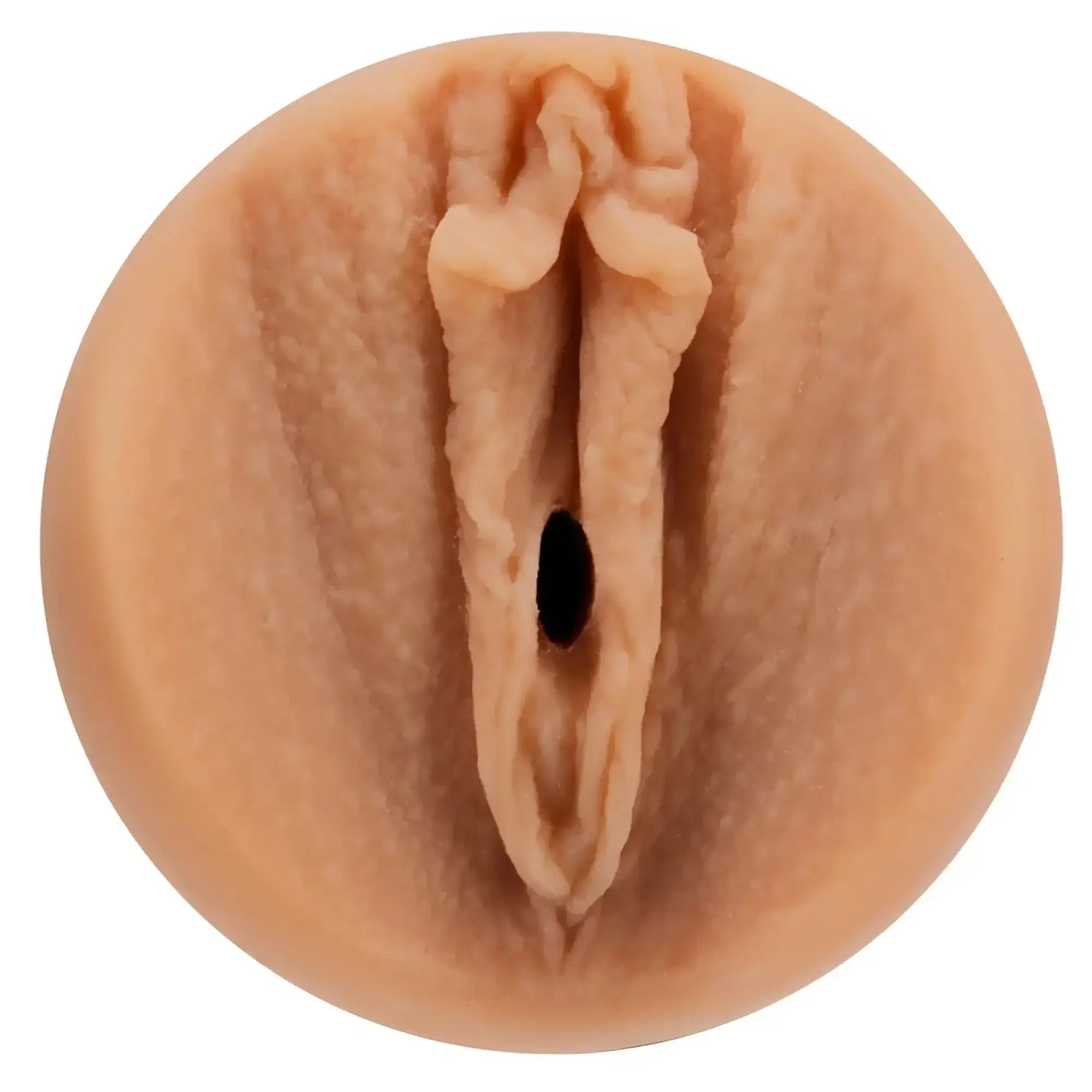 Beige silicone vaginal toy with realistic texture and black opening.