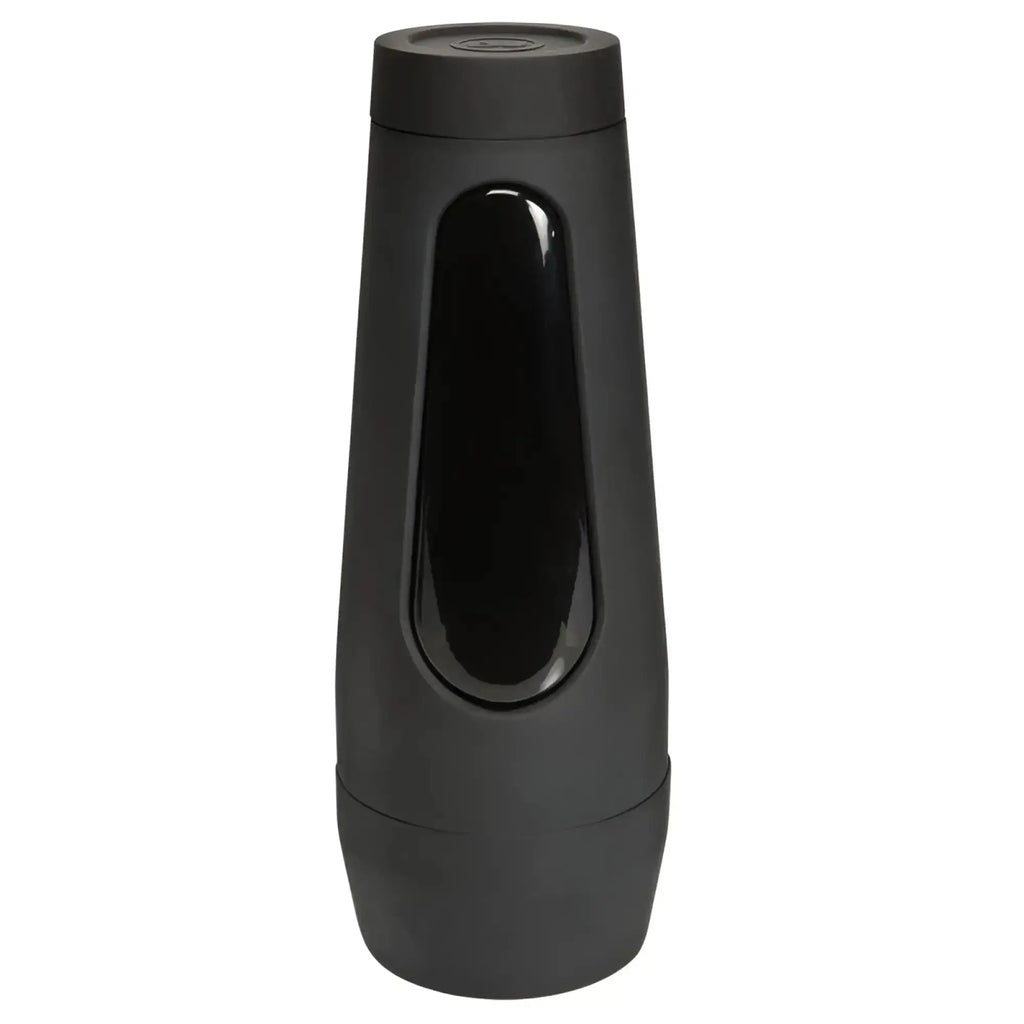 Black matte-finish travel mug with sleek cylindrical design and glossy black vertical accent panel for main squeeze use