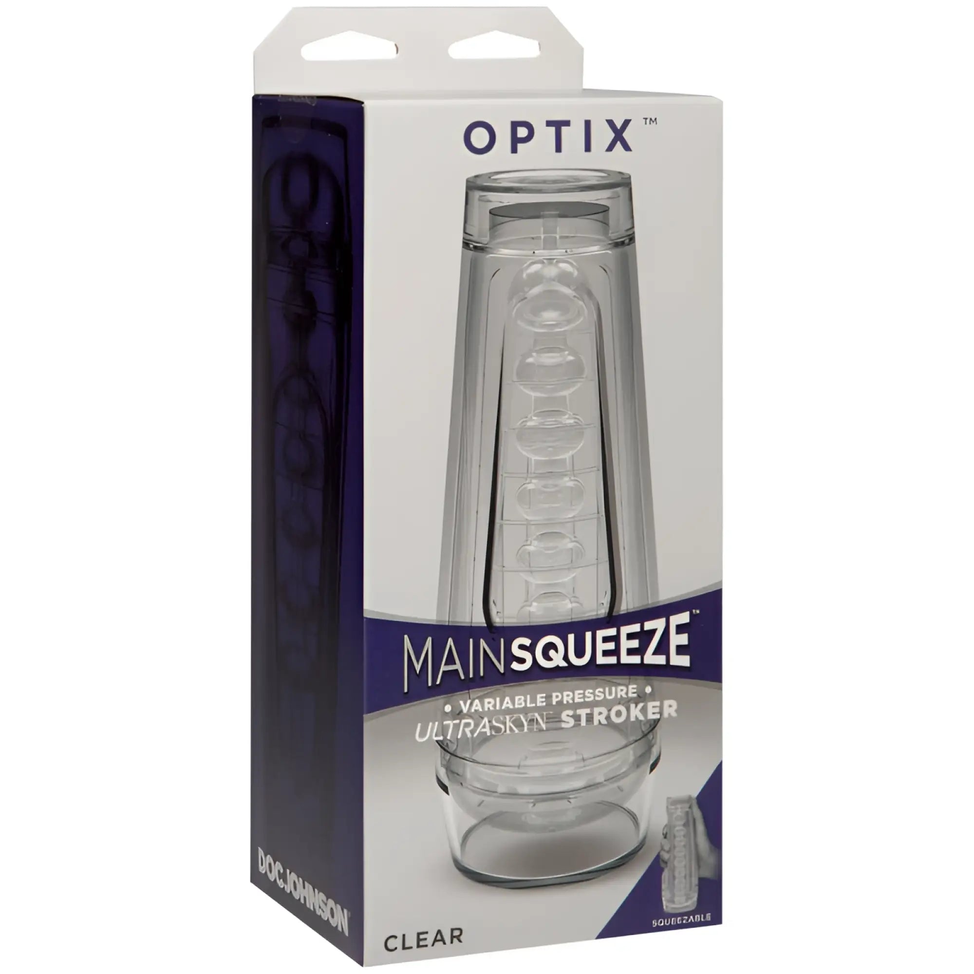 Clear plastic optix mainsqueeze ultraskyn stroker with textured segmented design for male pleasure use