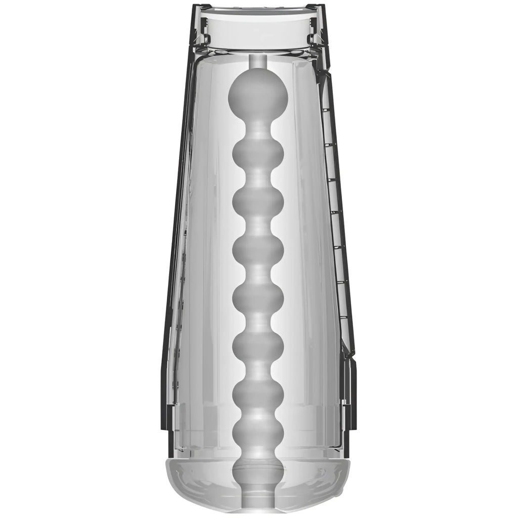 Transparent plastic cock ring with central bead chain and black sides from main squeeze optix crystal masturbator clear