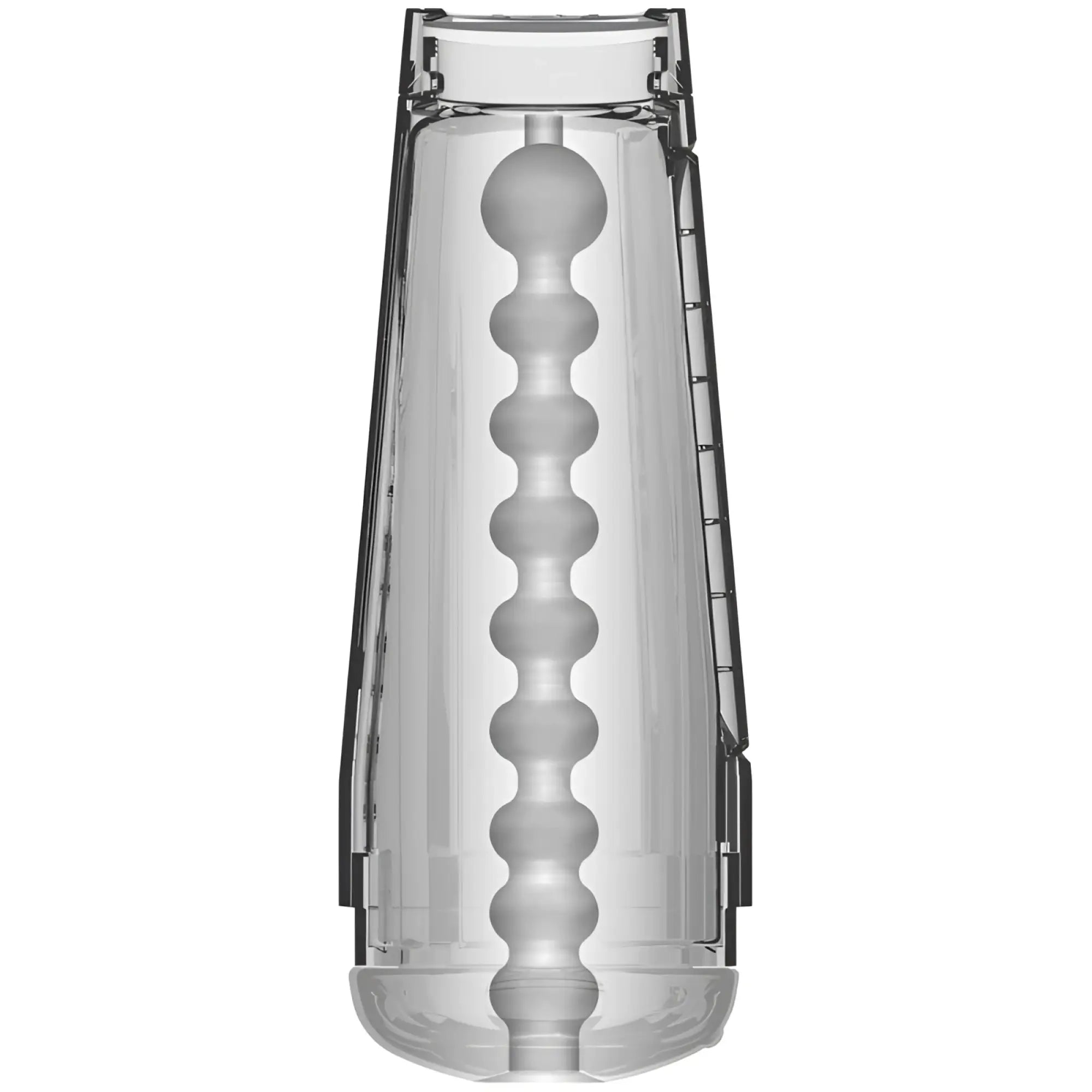 Transparent plastic cock ring with central bead chain and black sides from main squeeze optix crystal masturbator clear