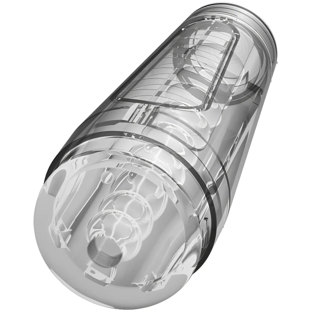 Main Squeeze Optix crystal clear plastic cylindrical masturbator with internal ridged and grooved design