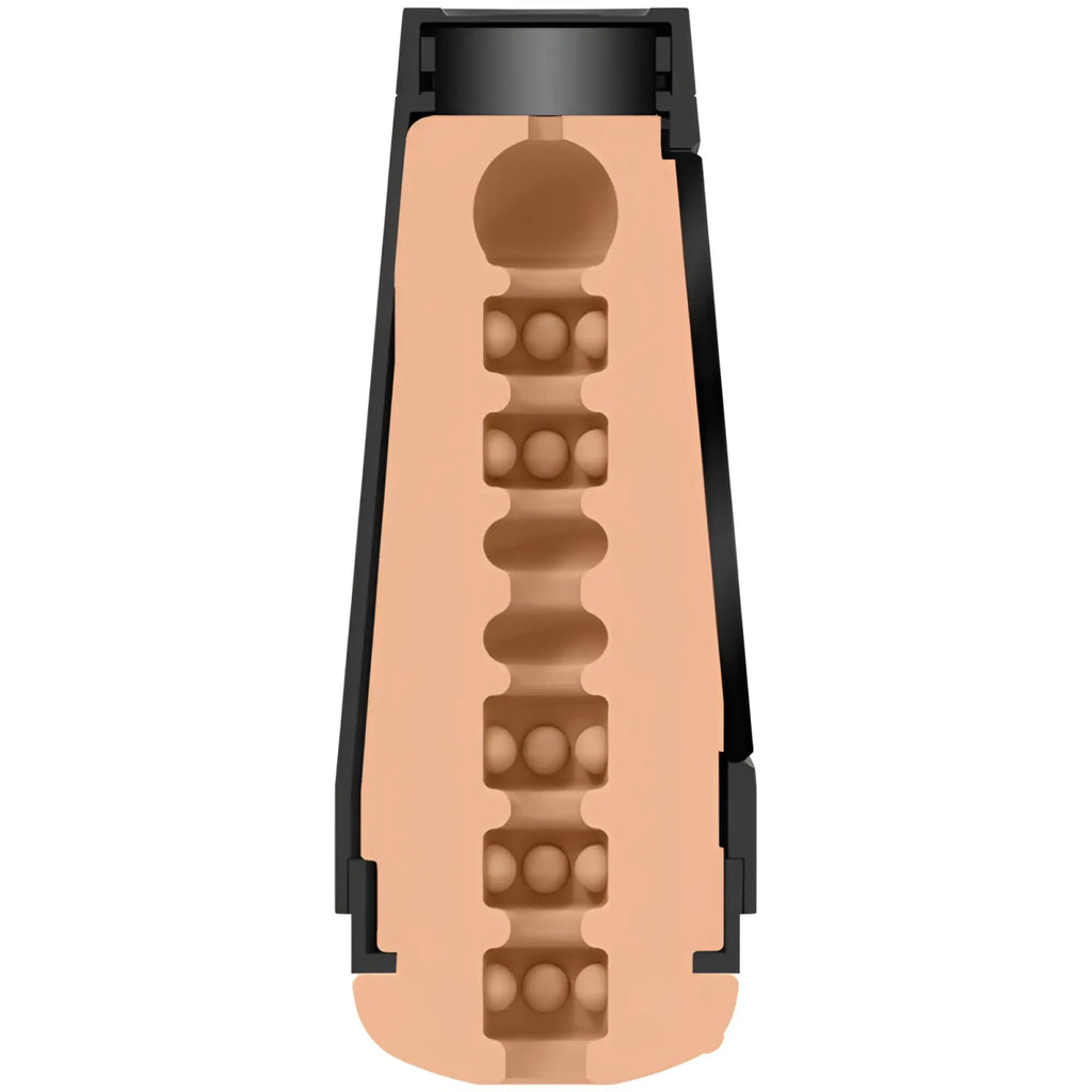 Black plastic container holding a tan segmented internal insert with rounded protrusions for main squeeze vanilla masturbator