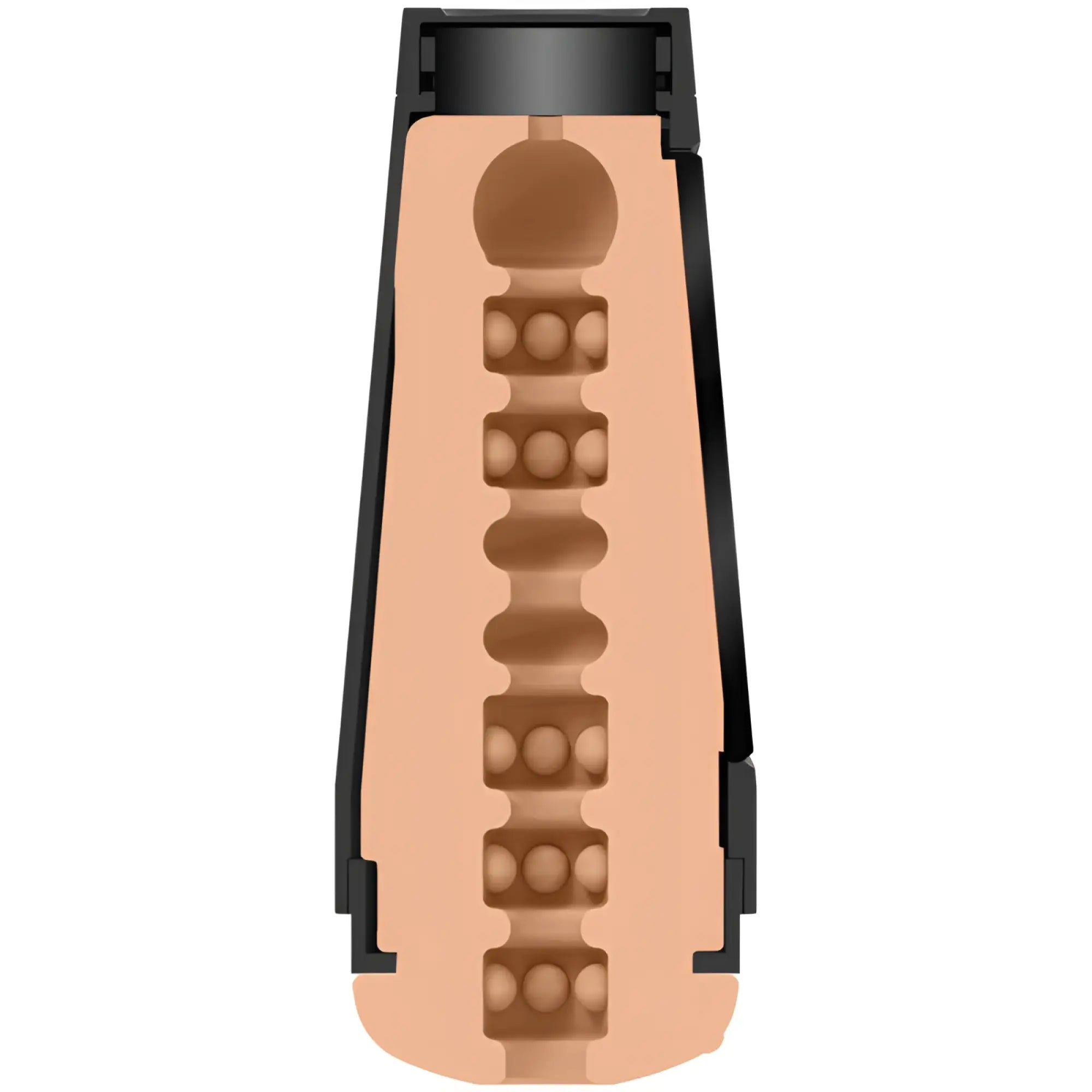 Black plastic container holding a tan segmented internal insert with rounded protrusions for main squeeze vanilla masturbator