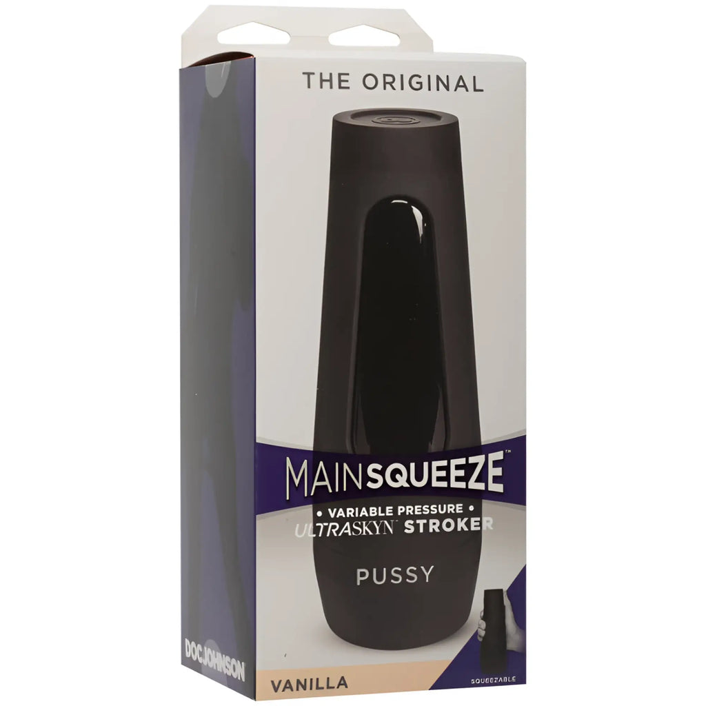 Black silicone mainsqueeze ultraskyn stroker with variable pressure and squeezable design by doc johnson