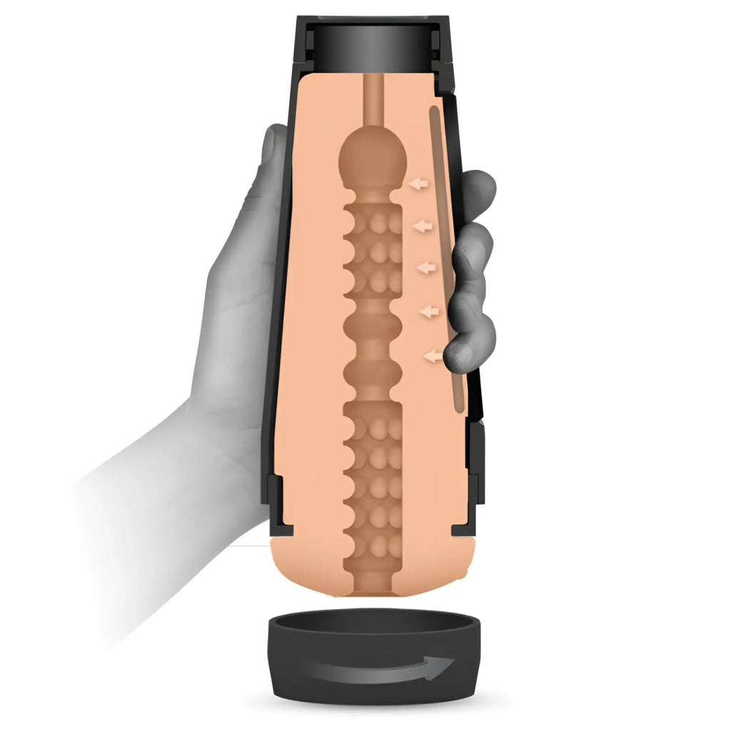 Black plastic main squeeze remy lacroix pussy with tan textured internal surface and ridged design for enhanced sensation