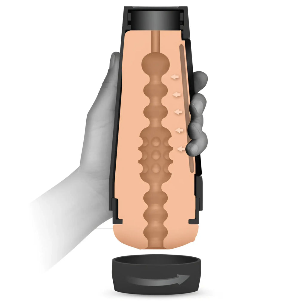 Main Squeeze Sasha Grey pussy black and peach silicone toy with textured ridges and detachable base for personal use