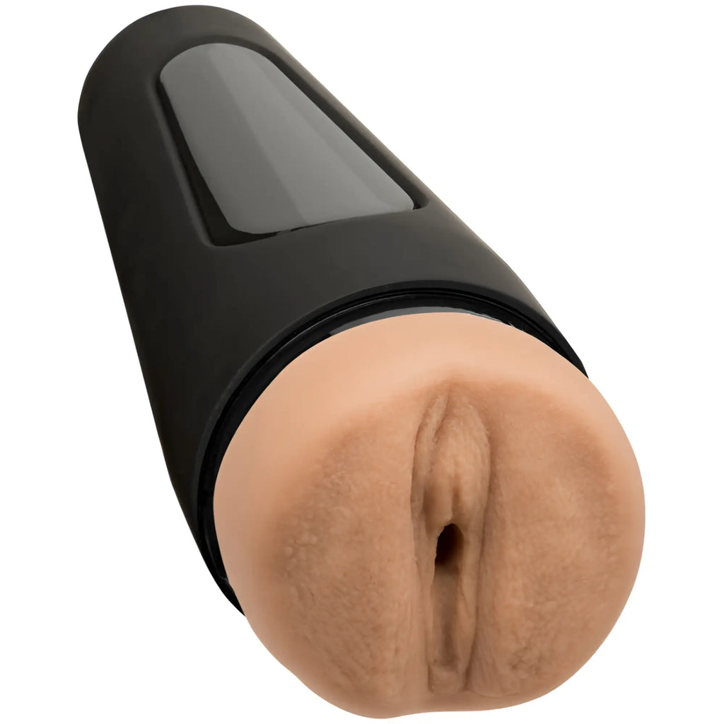 Main squeeze sophie dee pussy vanilla black silicone adult toy with realistic flesh tone textured head and control panel