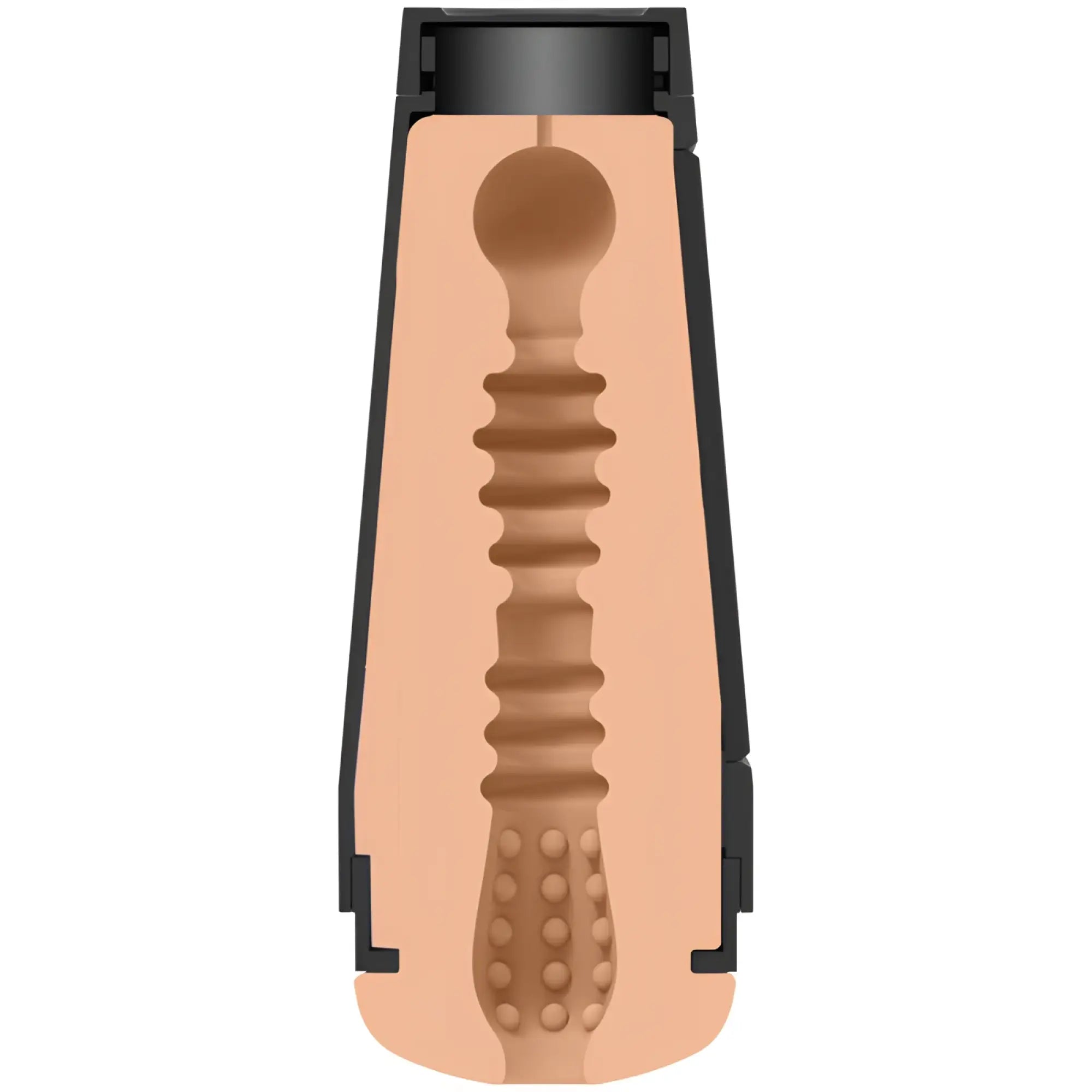 Tan silicone dildo with textured ridges and bumps in a black case from main squeeze sophie dee pussy vanilla