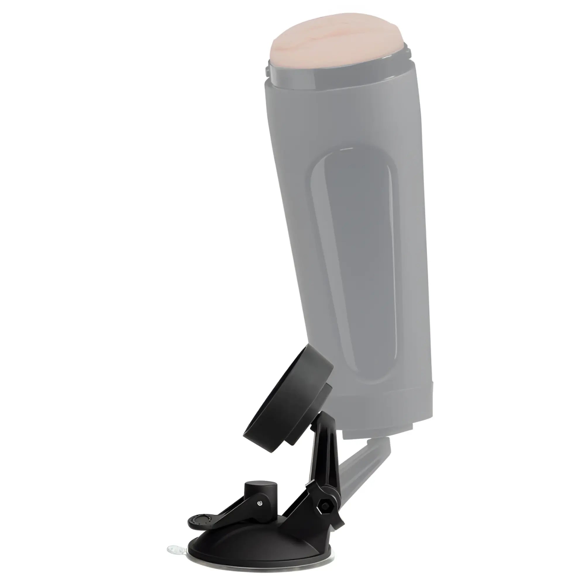 Gray cylindrical main squeeze suction cup accessory with beige top and black rubber suction cup base