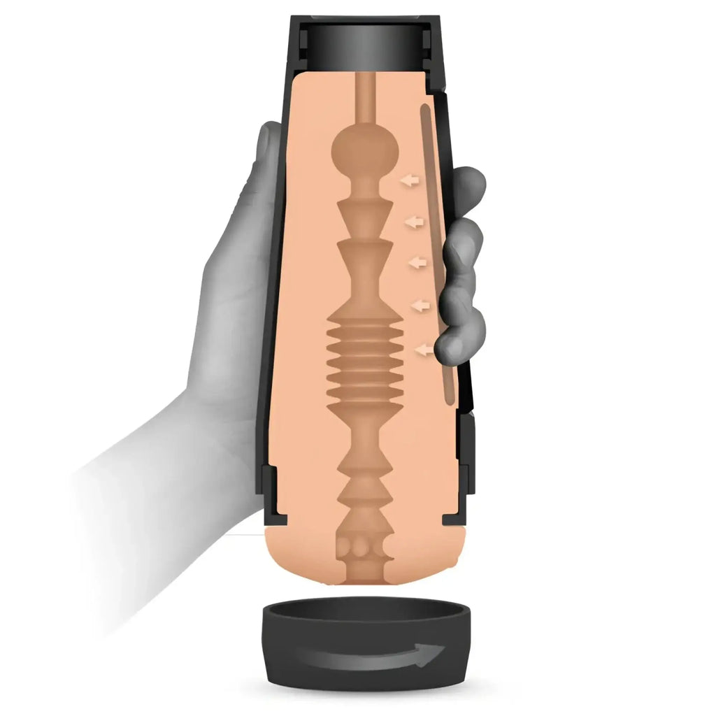 Main Squeeze Vicky Vette Pussy black plastic cylinder with peach silicone textured ridges and spherical contours insert