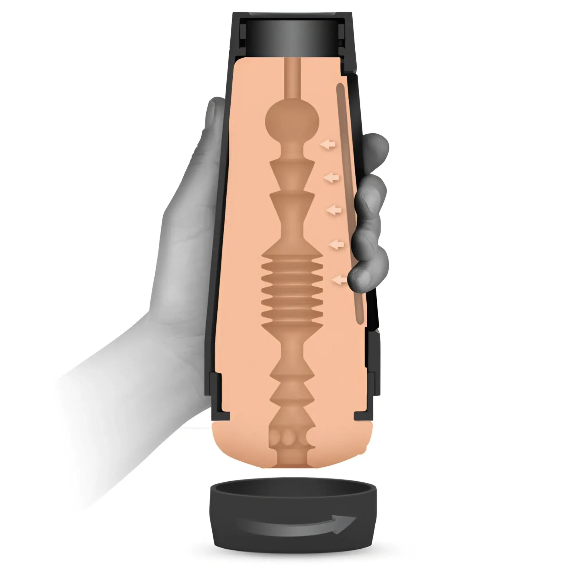 Main Squeeze Vicky Vette Pussy black plastic cylinder with peach silicone textured ridges and spherical contours insert