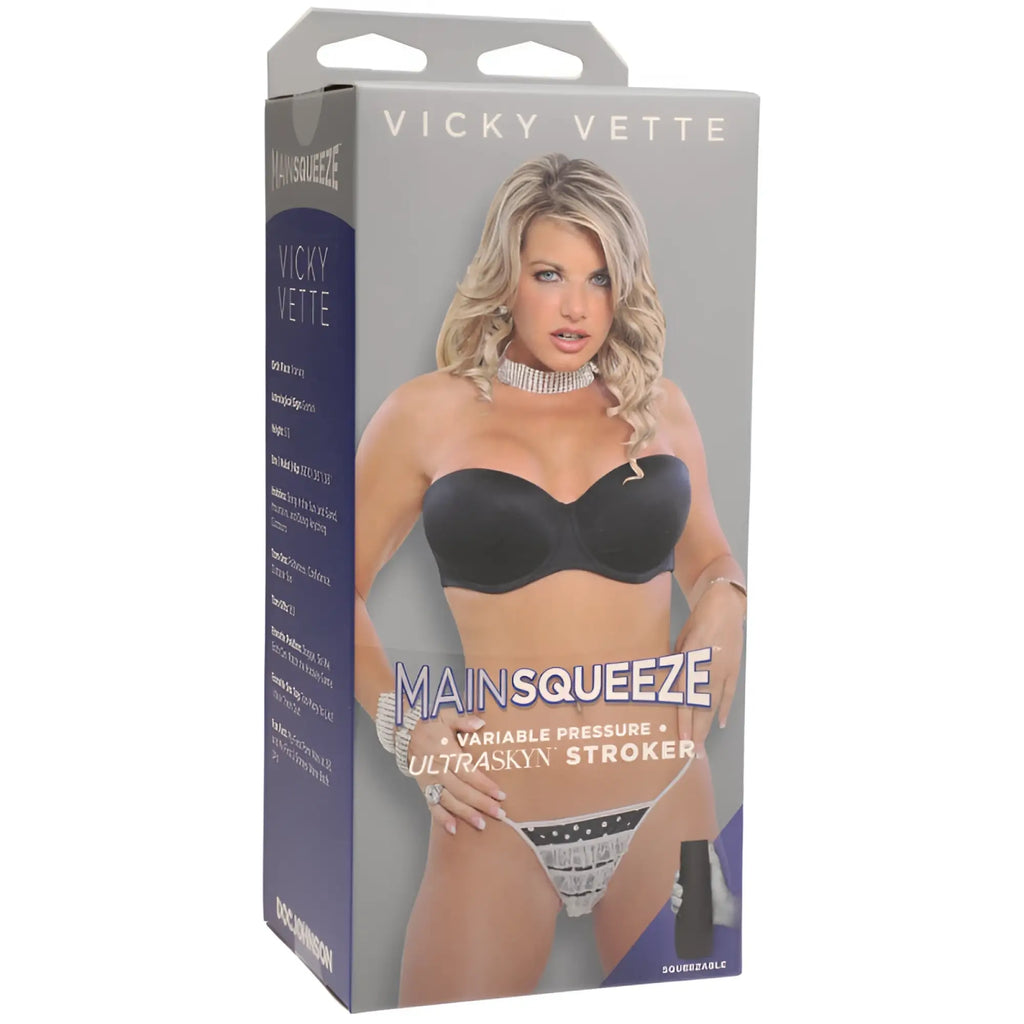 Main squeeze vicky vette pussy black ultraskyn stroker with ergonomic design and textured surface for enhanced grip