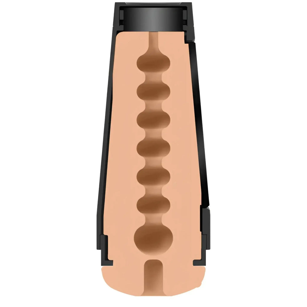 Main squeeze the virgin masturbator vanilla showing black plastic and peach silicone cock ring with graduated chambers