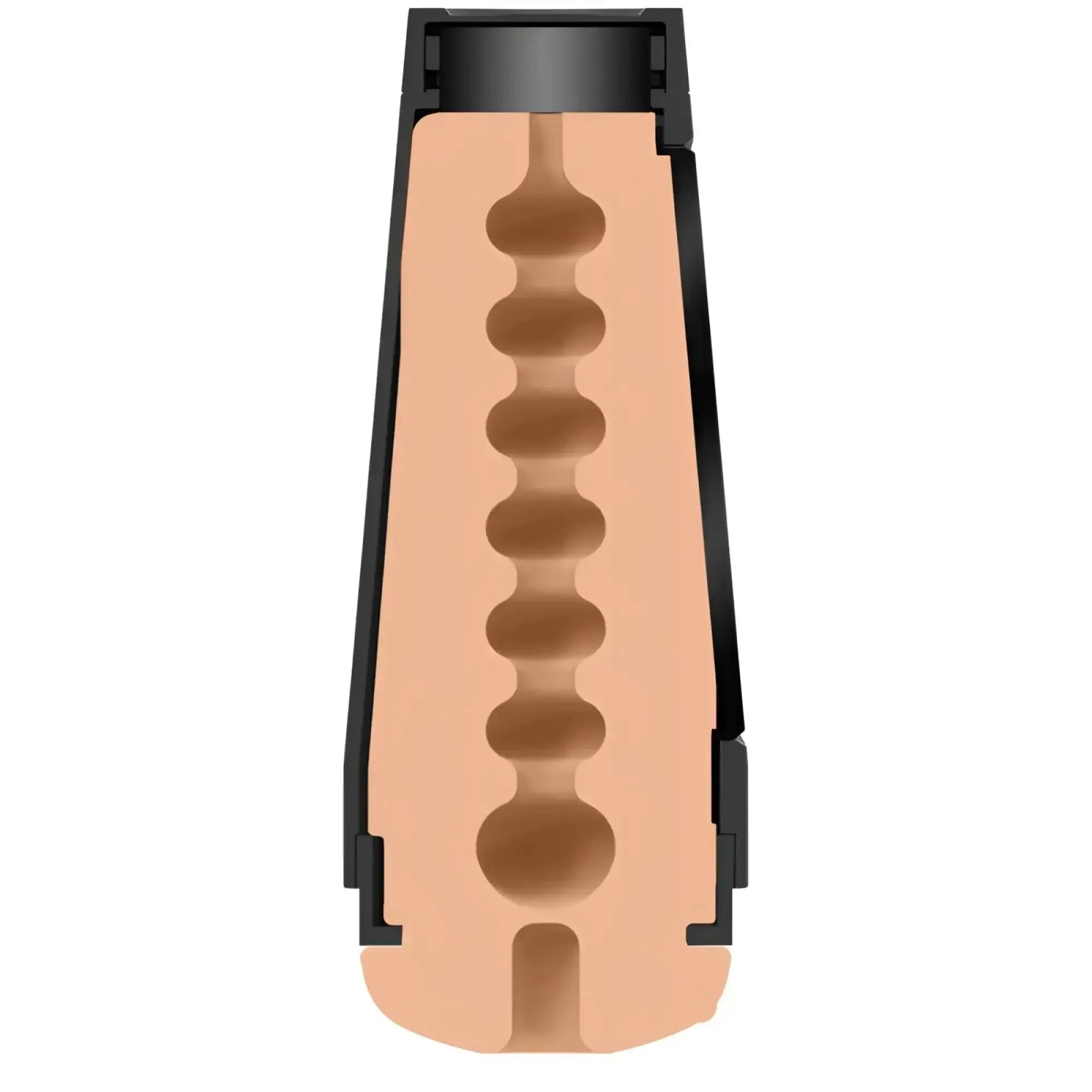 Main squeeze the virgin masturbator vanilla showing black plastic and peach silicone cock ring with graduated chambers