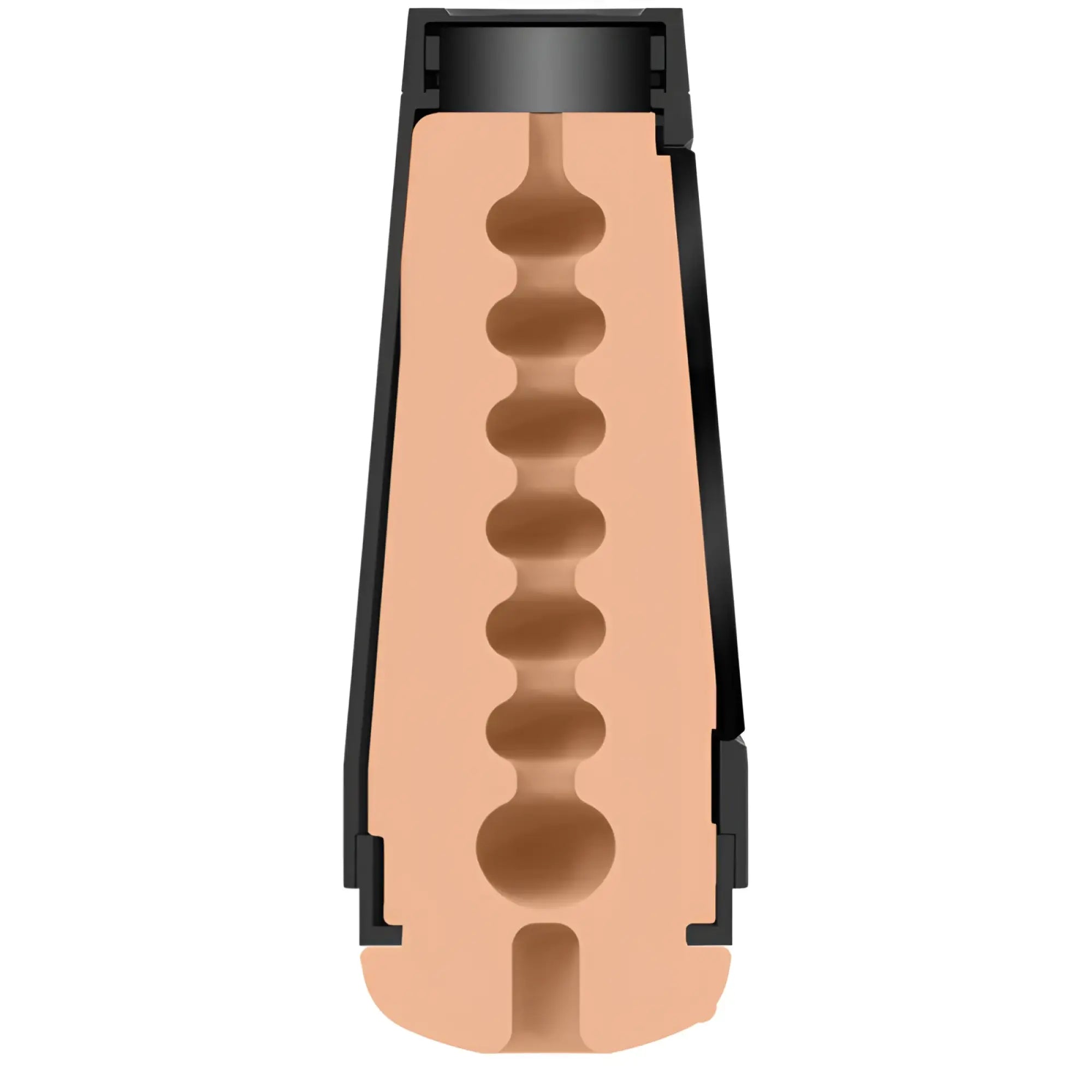 Main squeeze the virgin masturbator vanilla showing black plastic and peach silicone cock ring with graduated chambers
