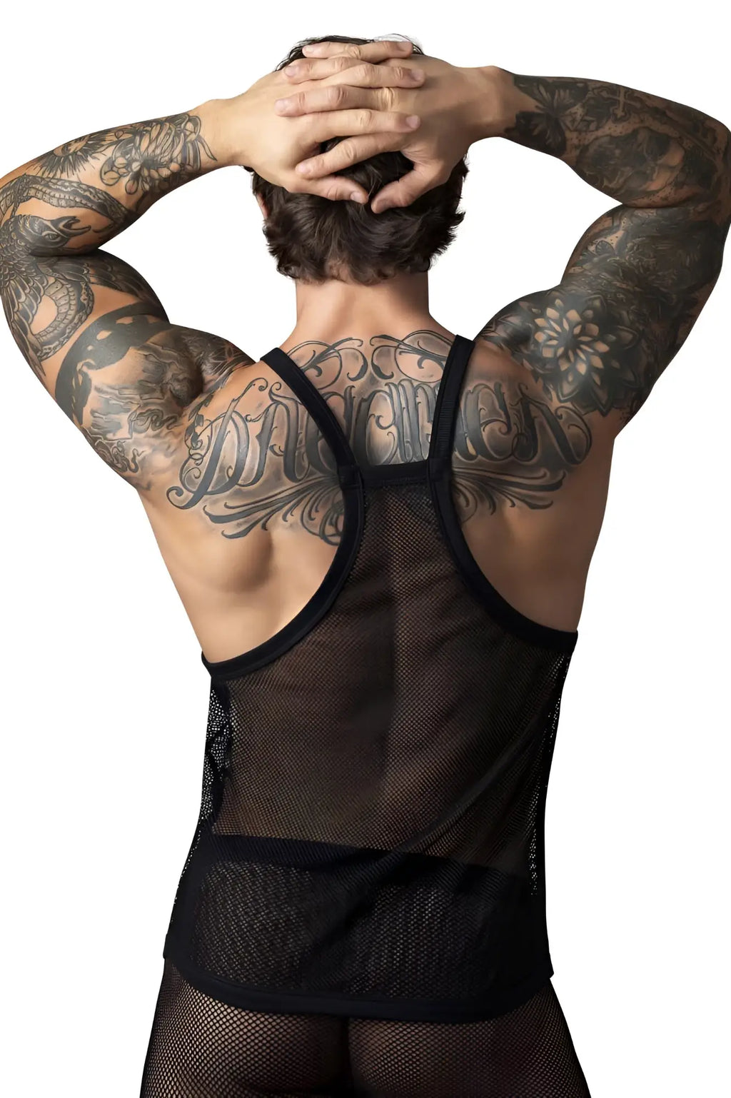 Back view of male power 110-11c black fishnet tank top with thin straps and intricate mesh design