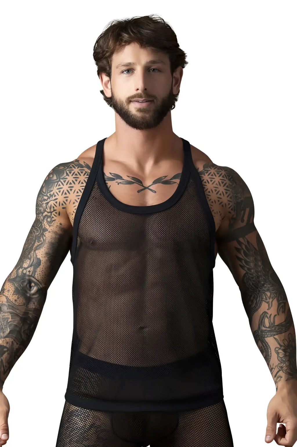 Male power 110-11c black fishnet tank top with reinforced shoulder straps and solid trim at the waist