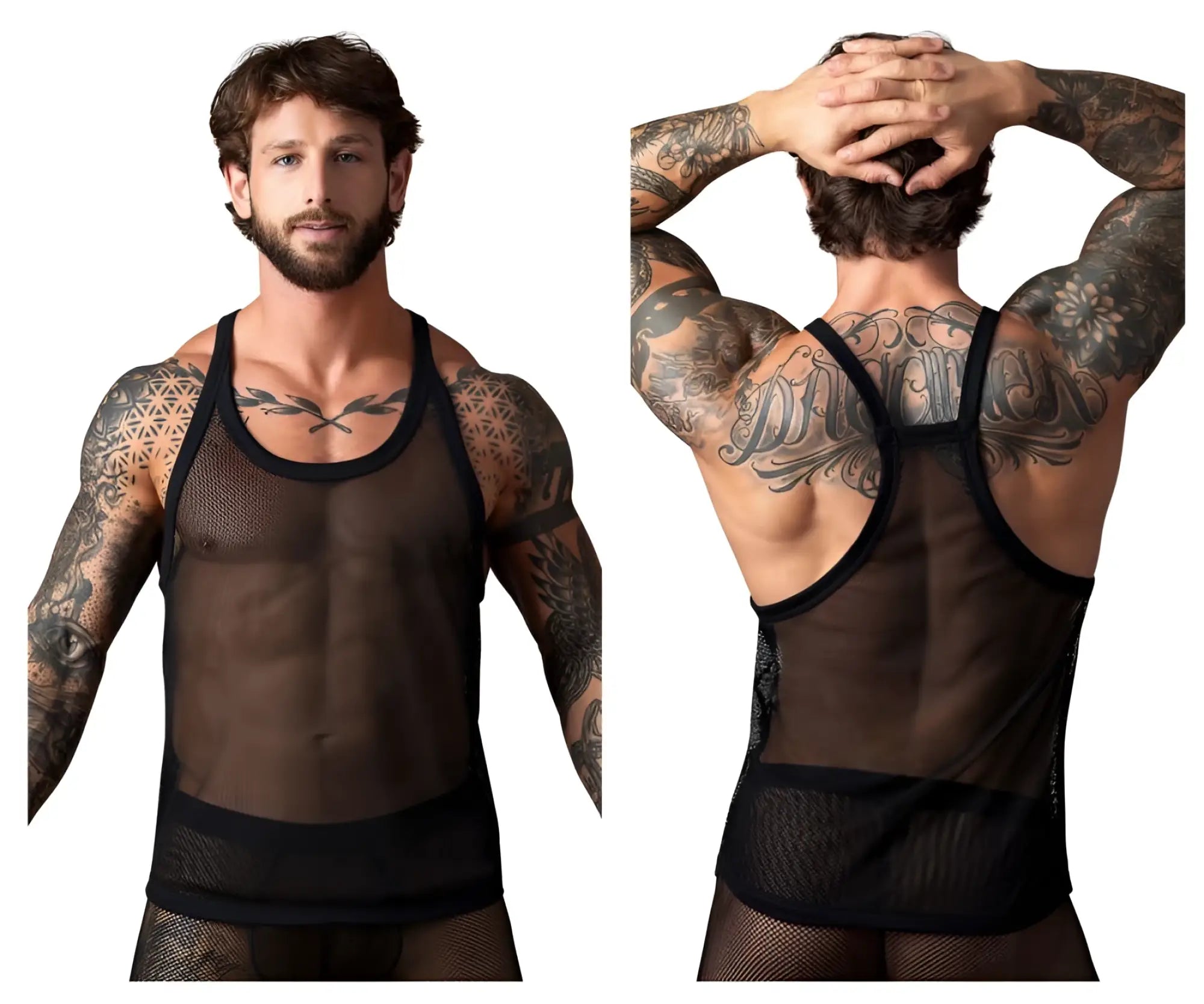 Male power 110-11c fishnet black mesh tank top with reinforced trim along neckline armholes and hem