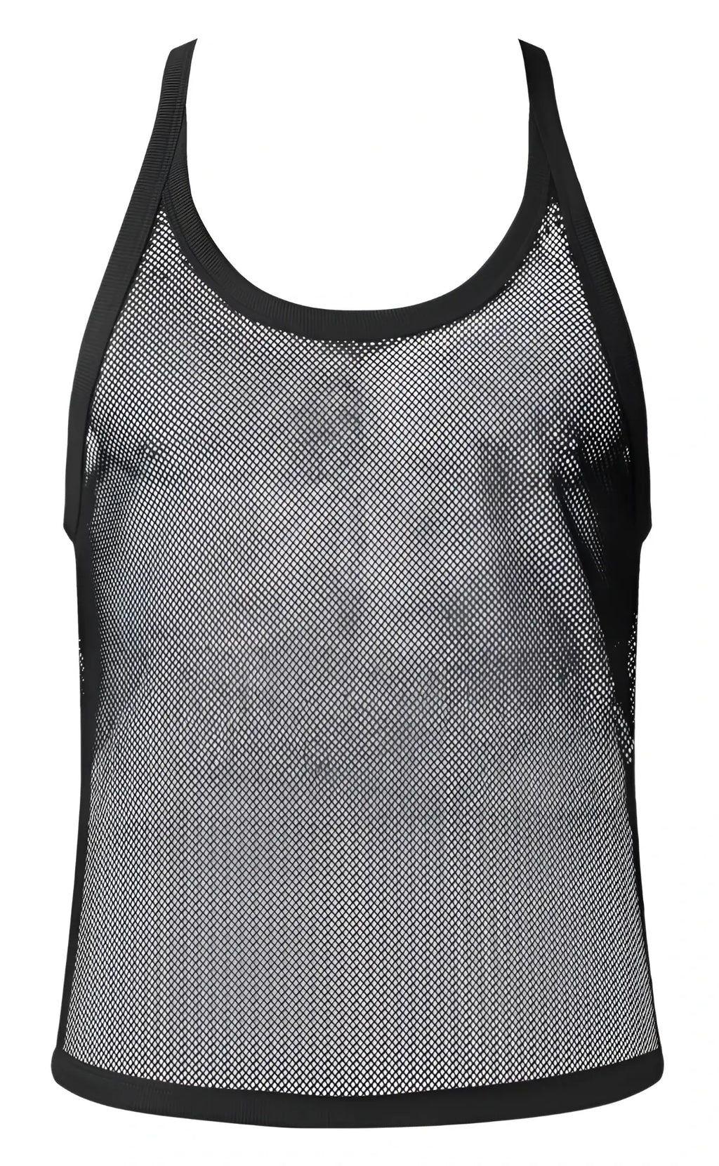 Male Power 110-11C fishnet tank top in black with solid black trim along neckline armholes and hem