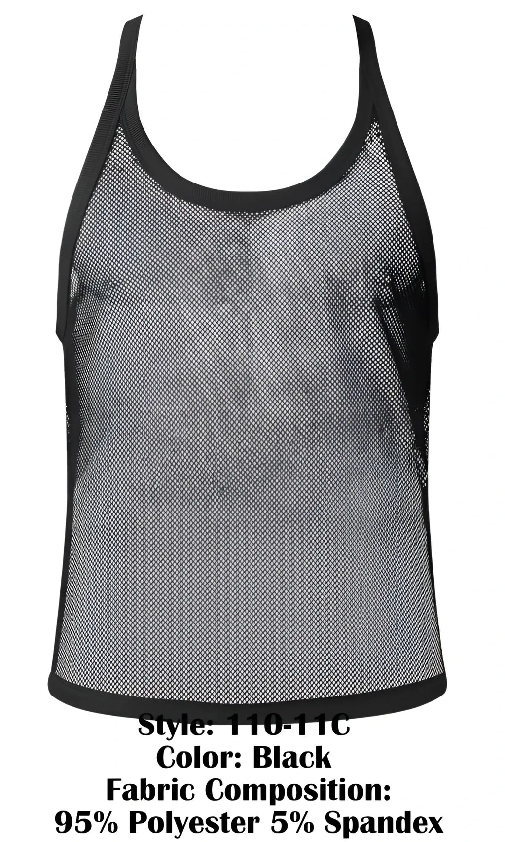 Male power 110-11c fishnet black mesh tank top with black trim and subtle gradient effect front view