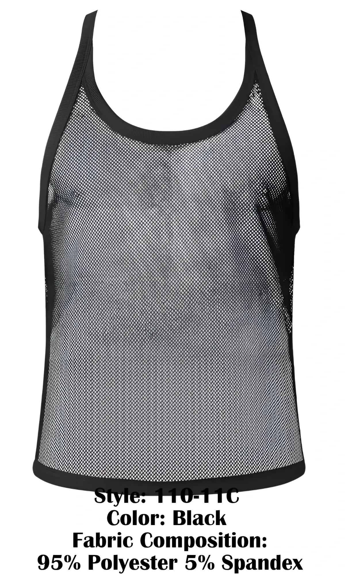 Male power 110-11c fishnet black mesh tank top with black trim and subtle gradient effect front view