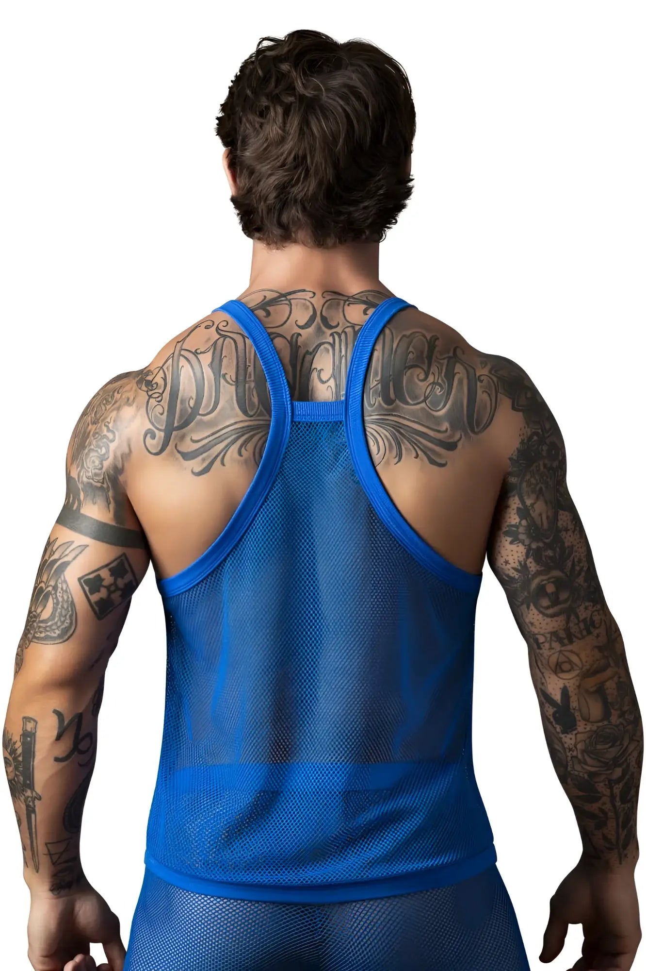 Male power 110-11c royal blue fishnet tank top with racerback straps showing the back side