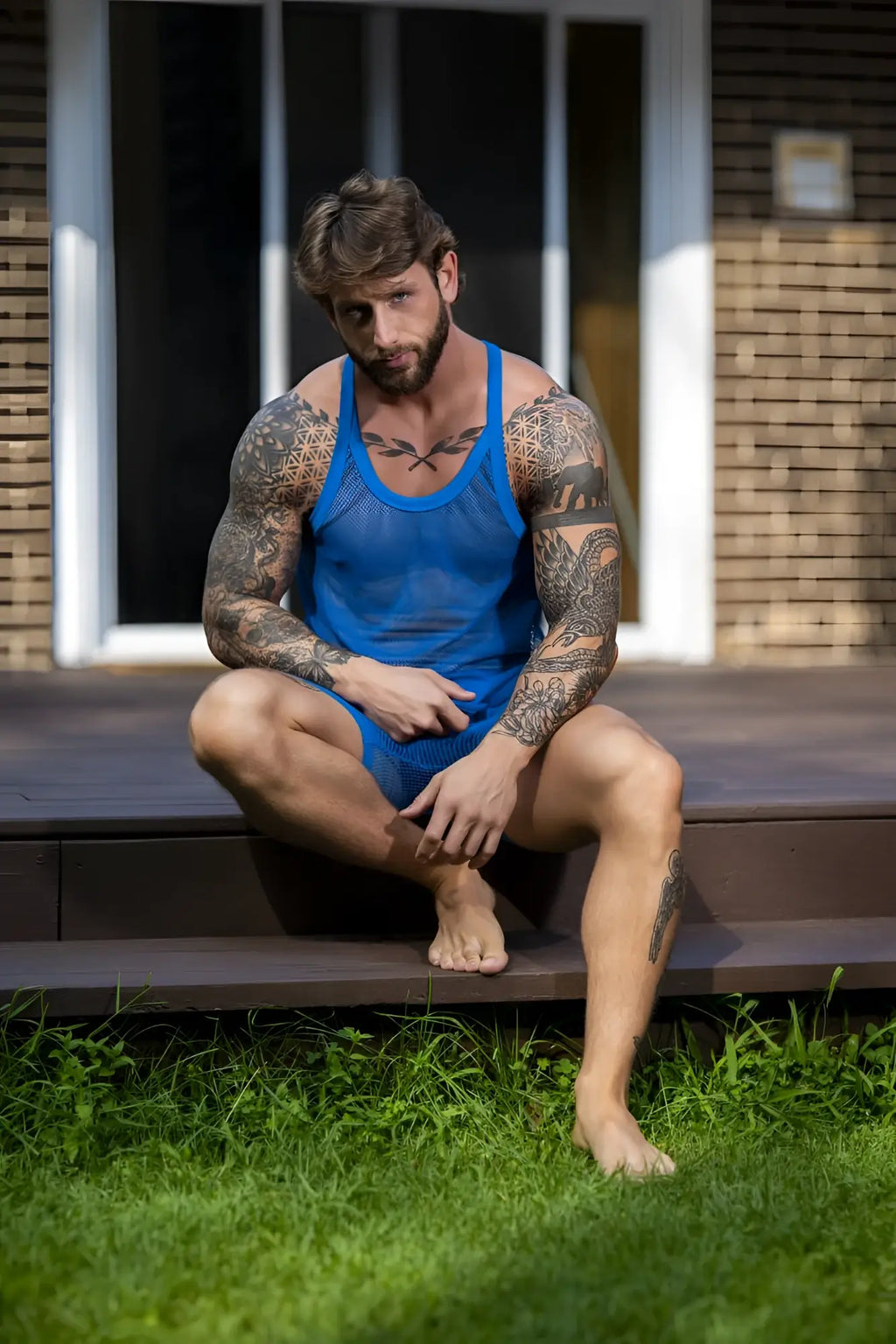 Blue mesh tank top and matching shorts set in royal color from male power 110-11c fishnet collection