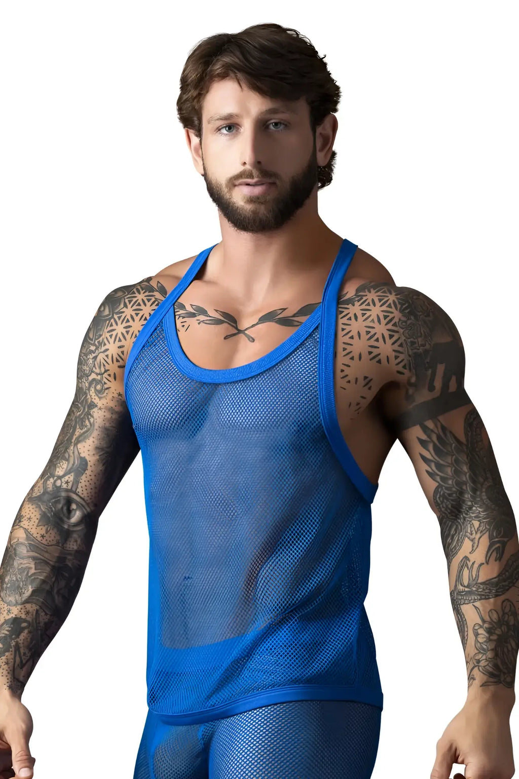 Male power 110-11c royal blue fishnet tank top with solid blue trim and breathable mesh fabric