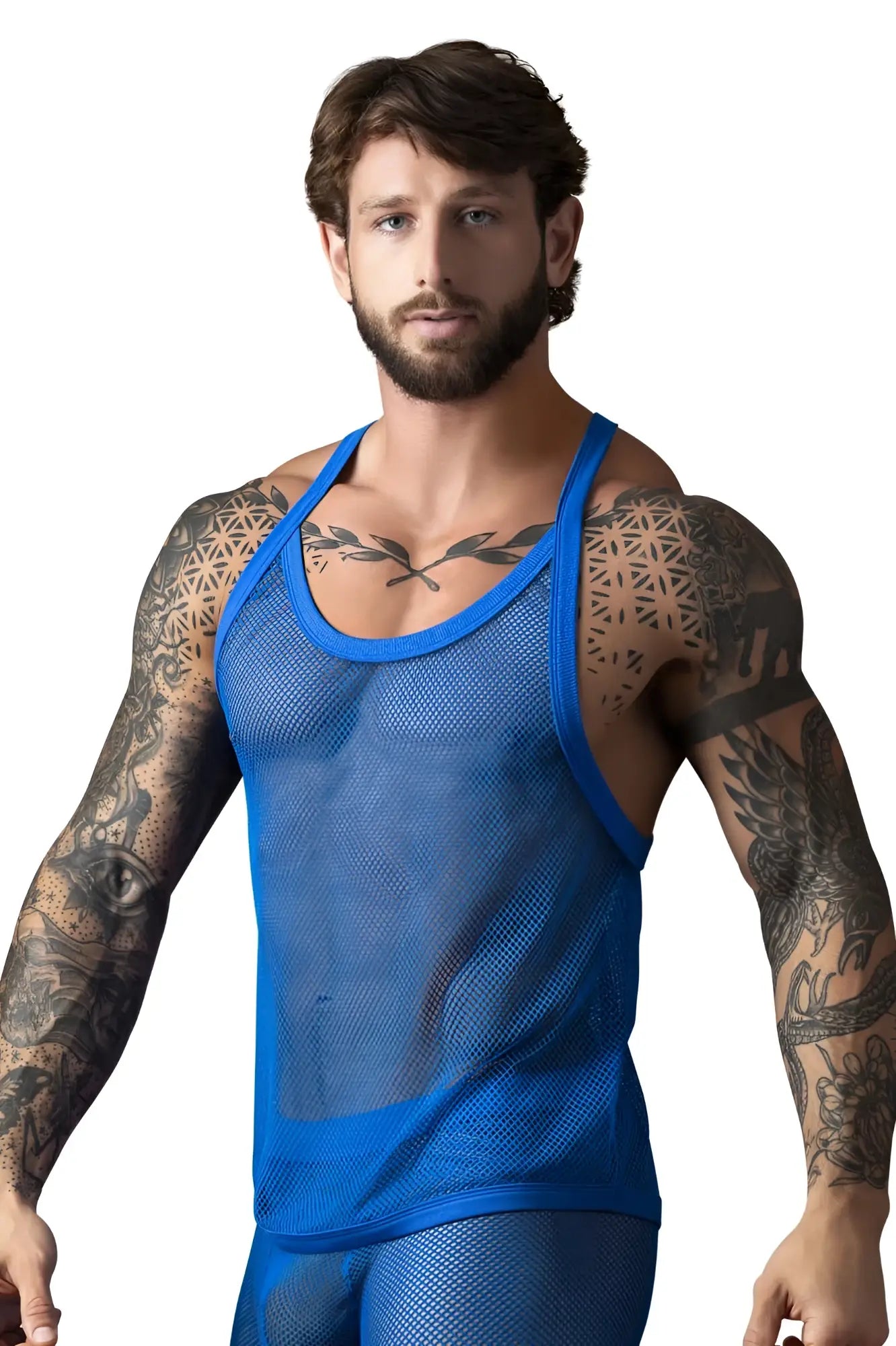 Male power 110-11c royal blue fishnet tank top with solid blue trim and breathable mesh fabric
