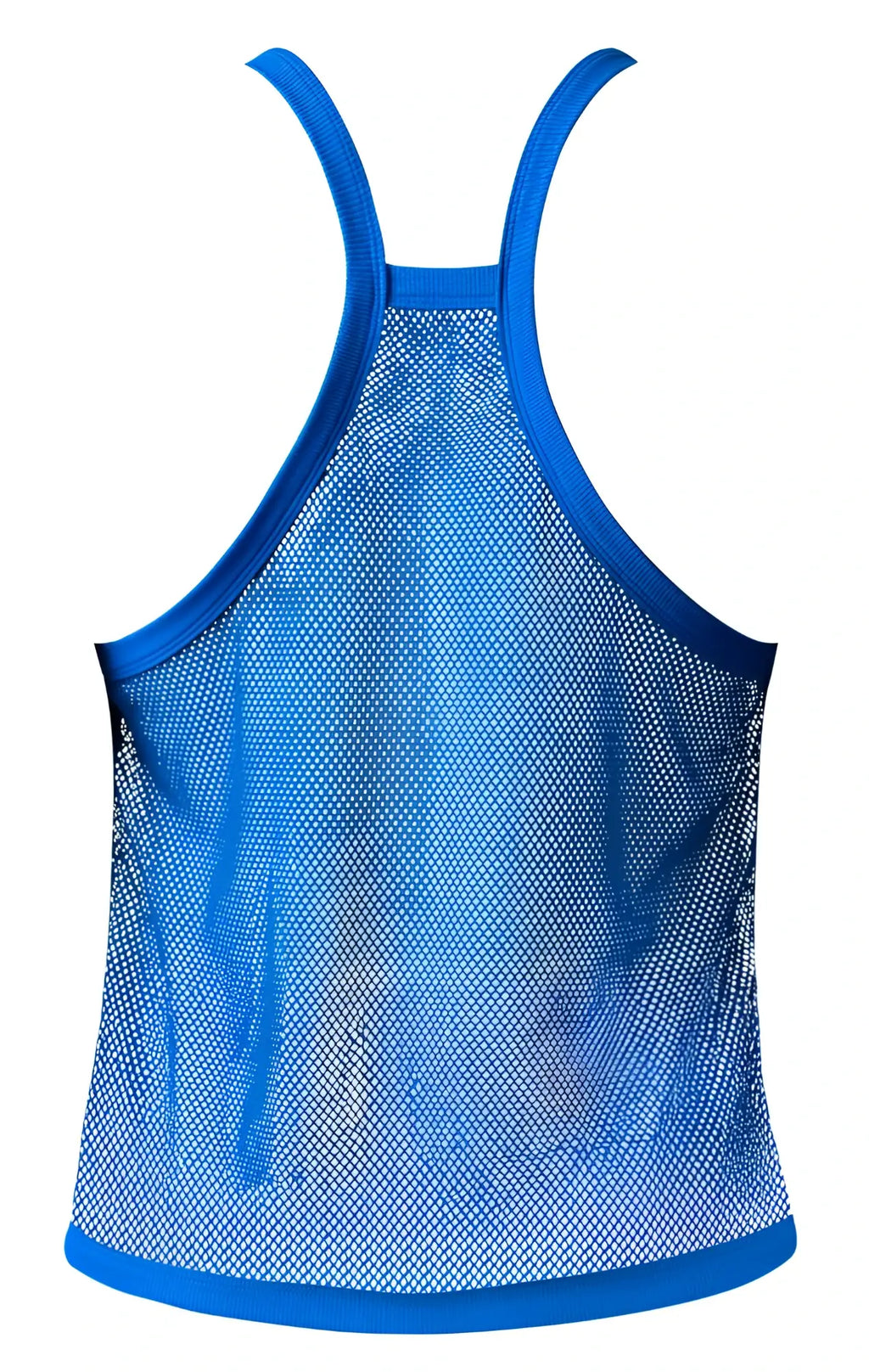 Male power 110-11c fishnet tank top in royal blue with solid blue trim on straps neckline and hem