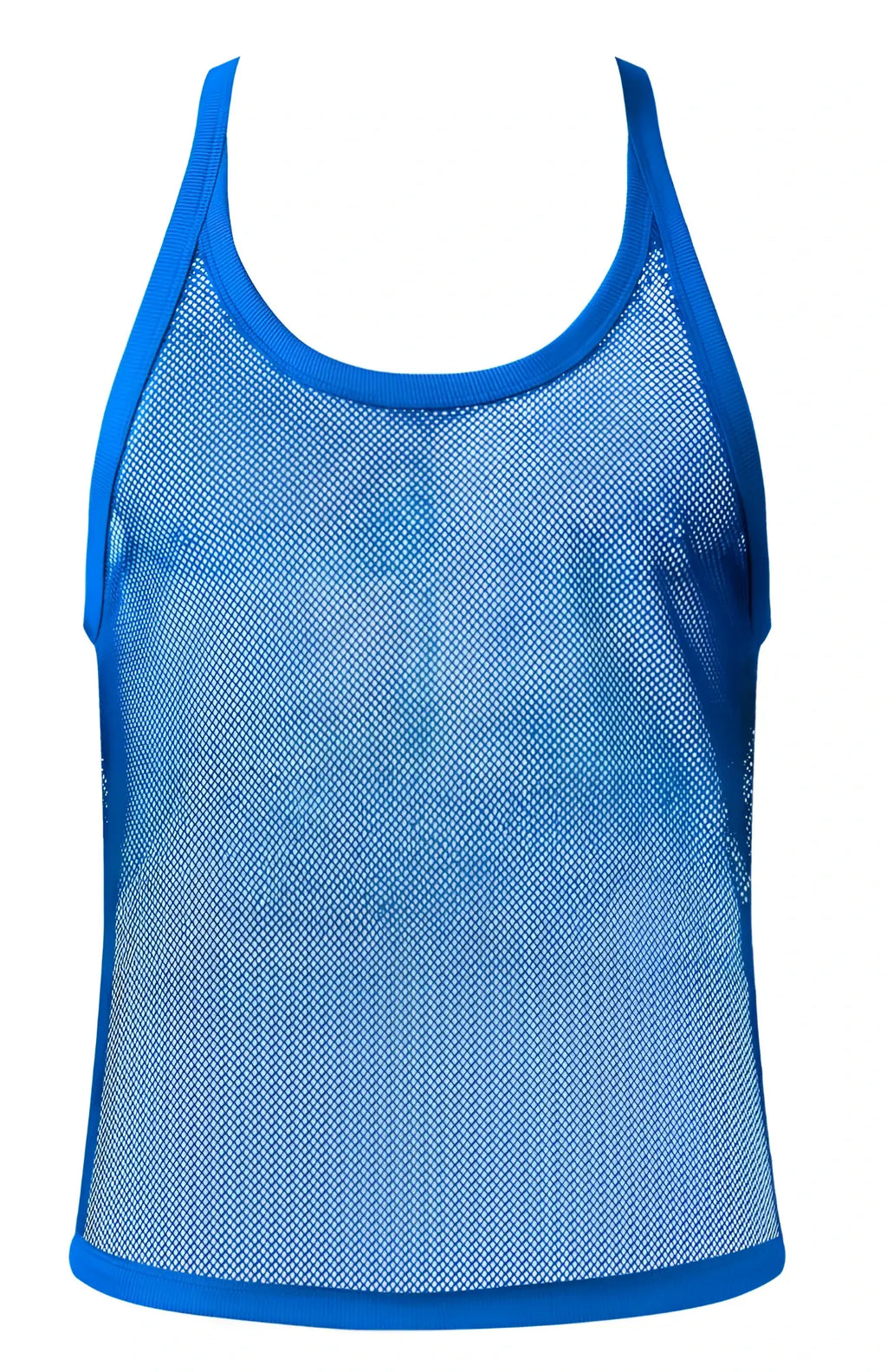 Male power 110-11c fishnet 2 tank top in royal blue with solid trim on neckline armholes and hem