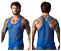 Blue mesh tank top with blue trim male power 110-11c fishnet 2 tank top royal color