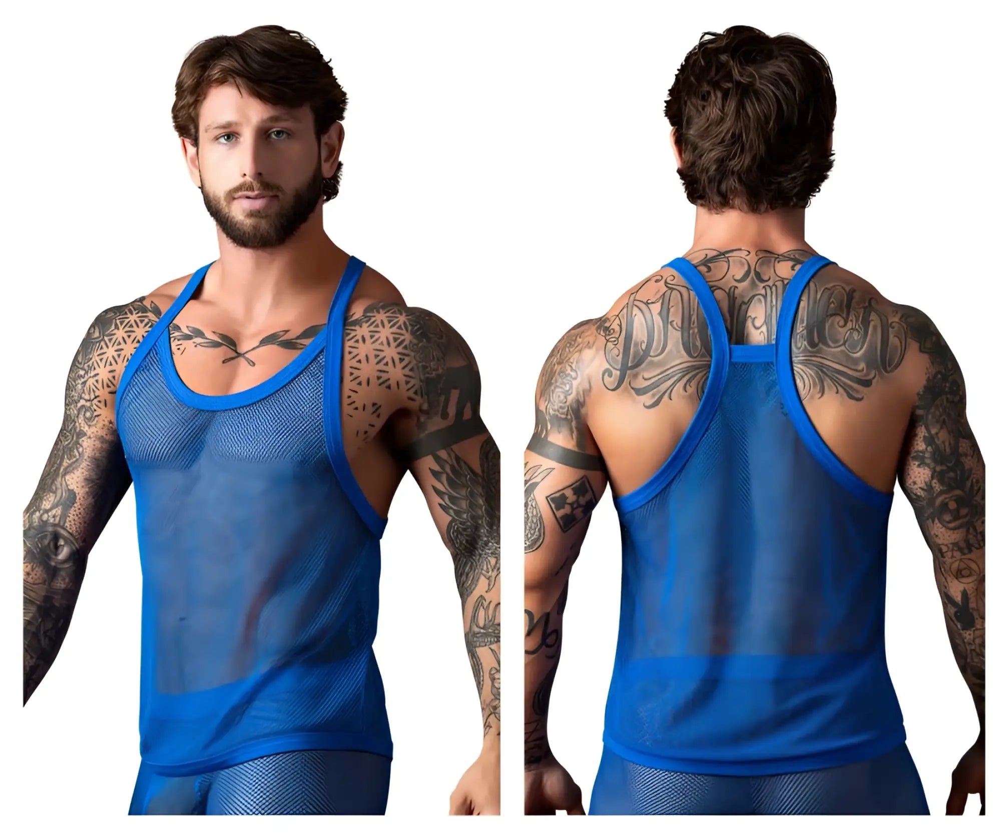 Blue mesh tank top with blue trim male power 110-11c fishnet 2 tank top royal color