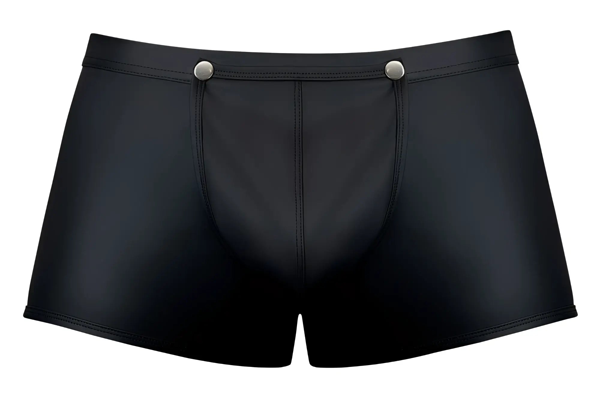 Male power 120-298 oh snap snap off short black glossy faux leather briefs with silver snap buttons at waistband